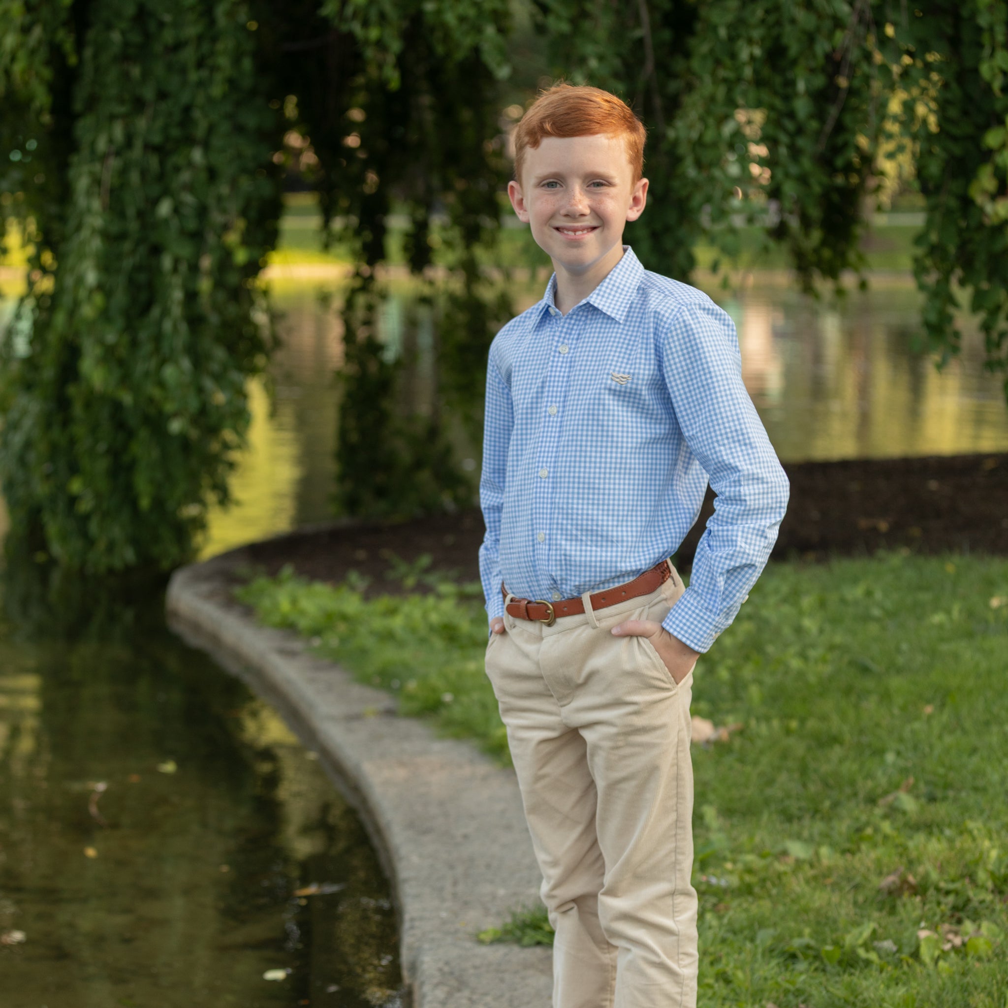 Henry Duvall Bradford Trousers in King’s Way Khaki Corduroy, classic boys fall and winter pants with adjustable elastic inside, perfect for dressing up or coordinating with family looks