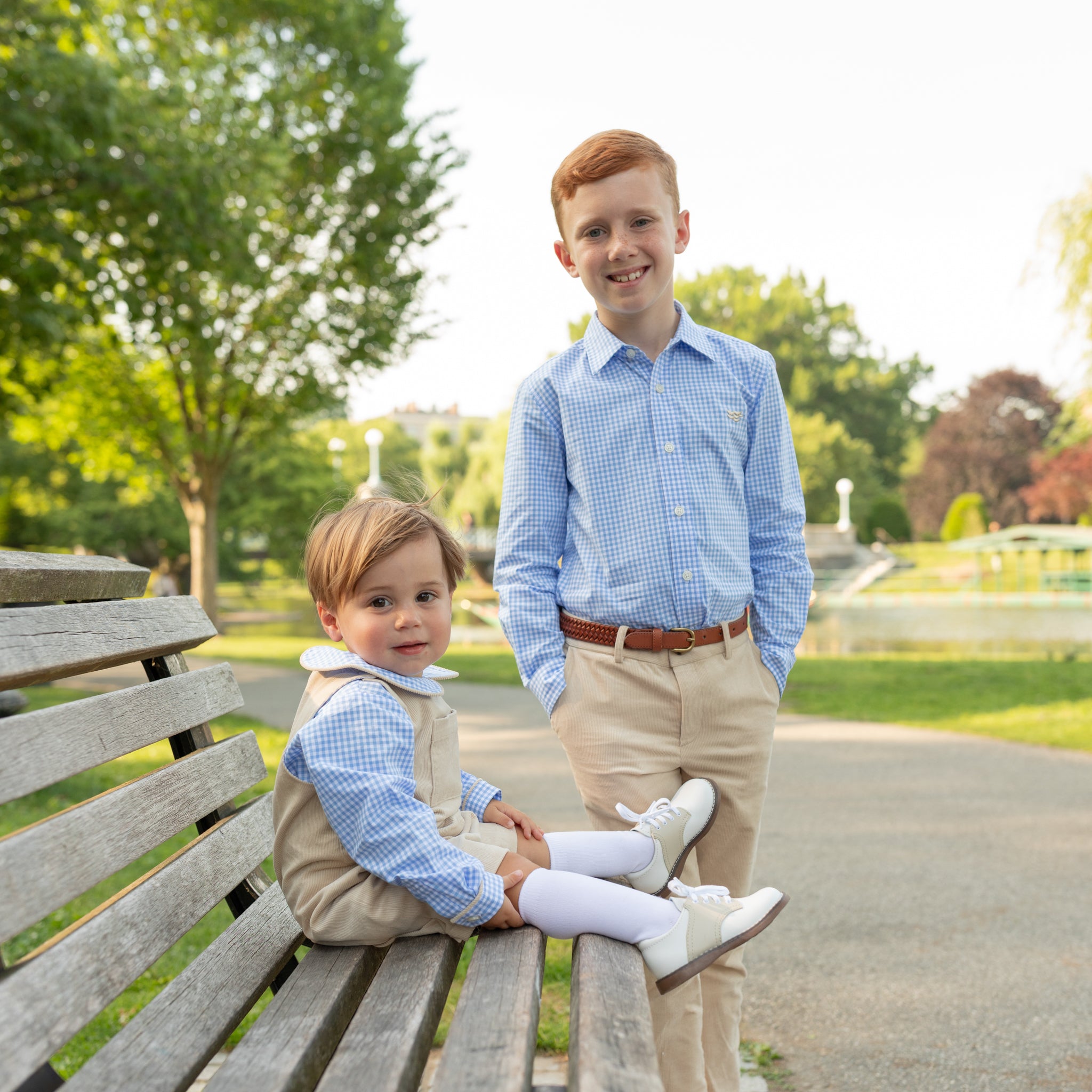 Henry Duvall Oliver Overalls in King’s Way Khaki Corduroy, classic toddler boys fall outfit with relaxed fit, perfect for layering with Peter Pan shirts or coordinating sibling looks