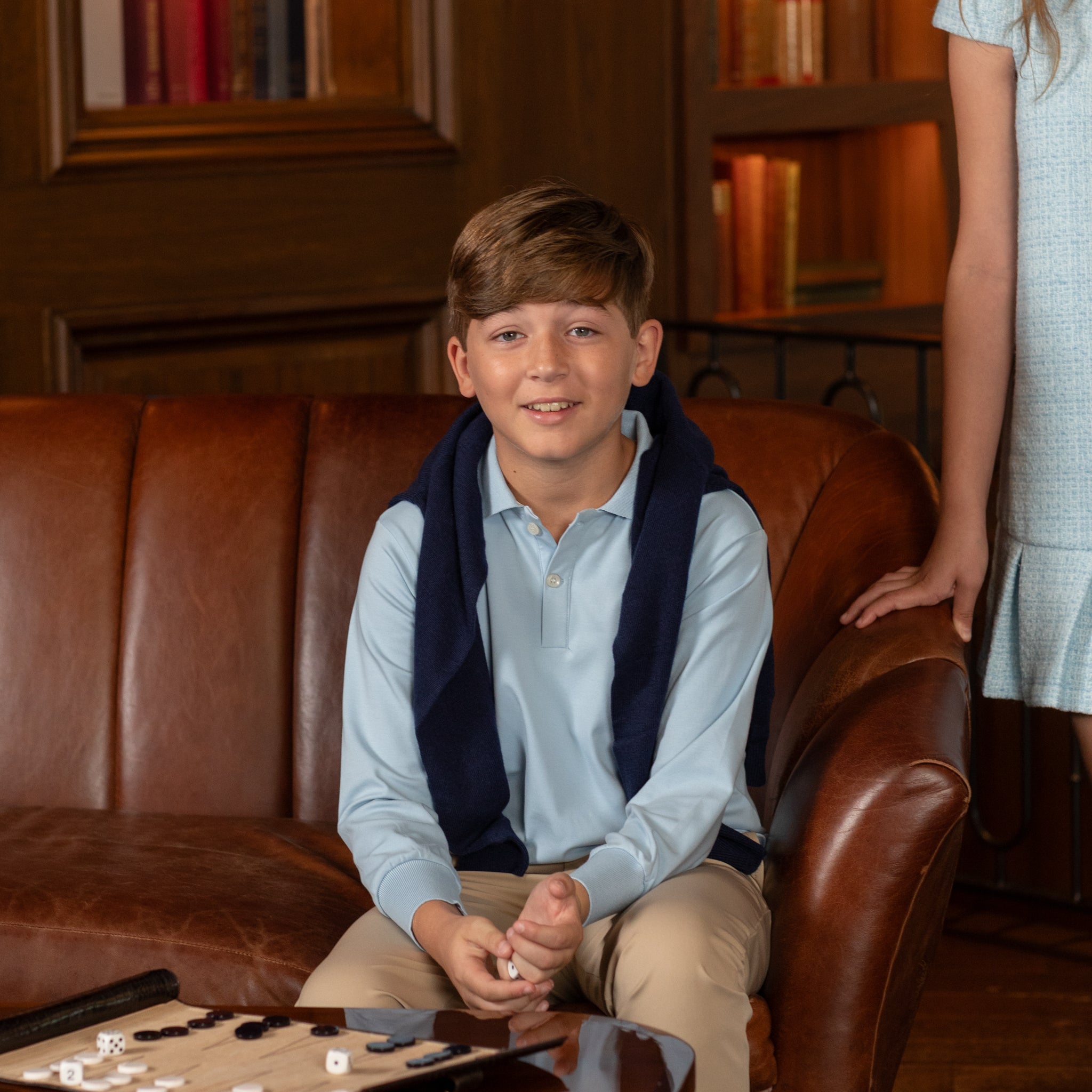 Classic boys navy crewneck sweater, soft anti-pilling knit, ideal for layering with dress shirts or trousers, timeless fall and winter staple from Henry Duvall