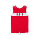 Red boys holiday Jon Jon with toy soldier smocking across the chest, Henry Duvall George Jon Jon in cotton poplin for classic Christmas dressing