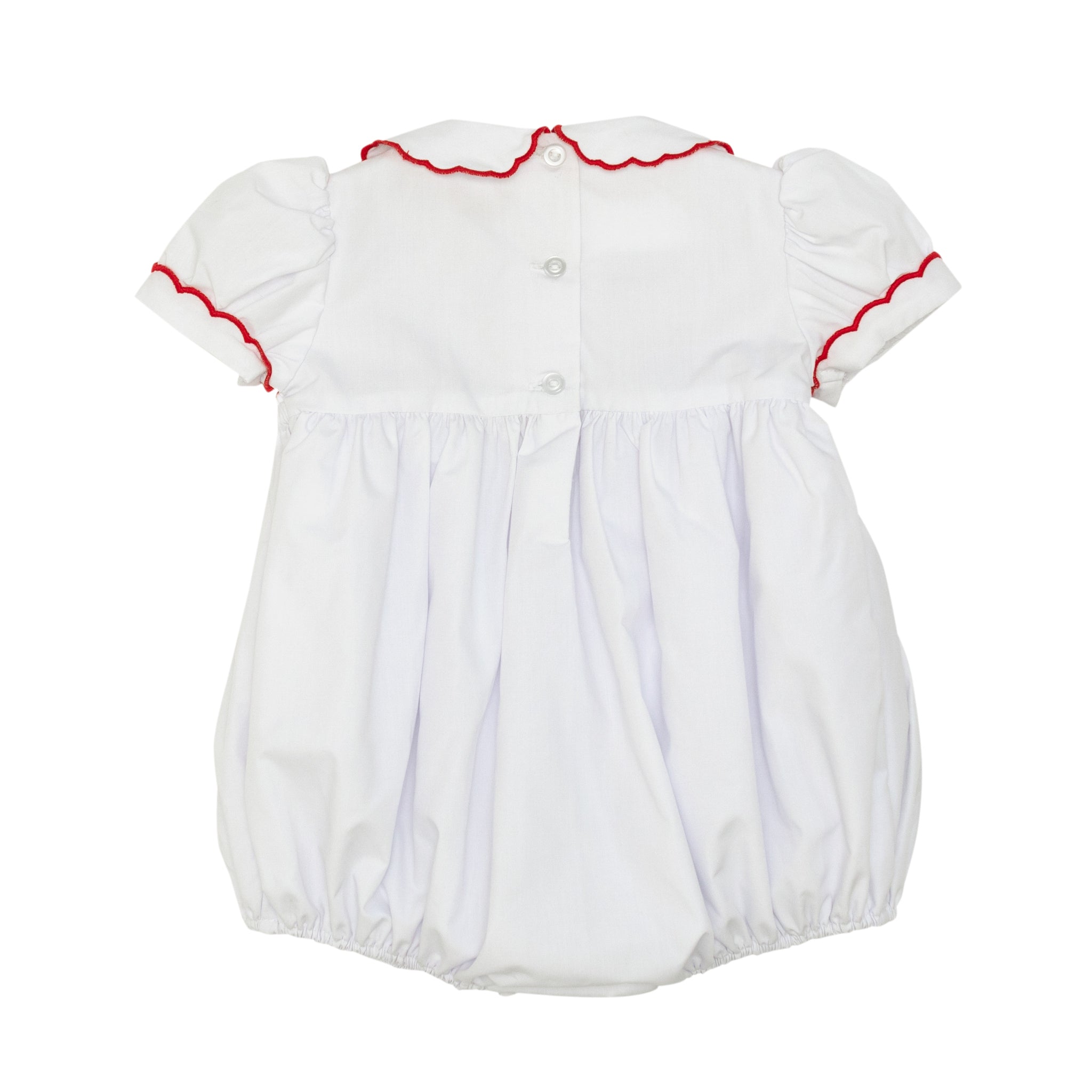 White short sleeve baby girl holiday bubble with red smocked bows, Peter Pan collar, and piped cuffs, classic Eloise Bubble by Henry Duvall for Christmas and winter celebrations