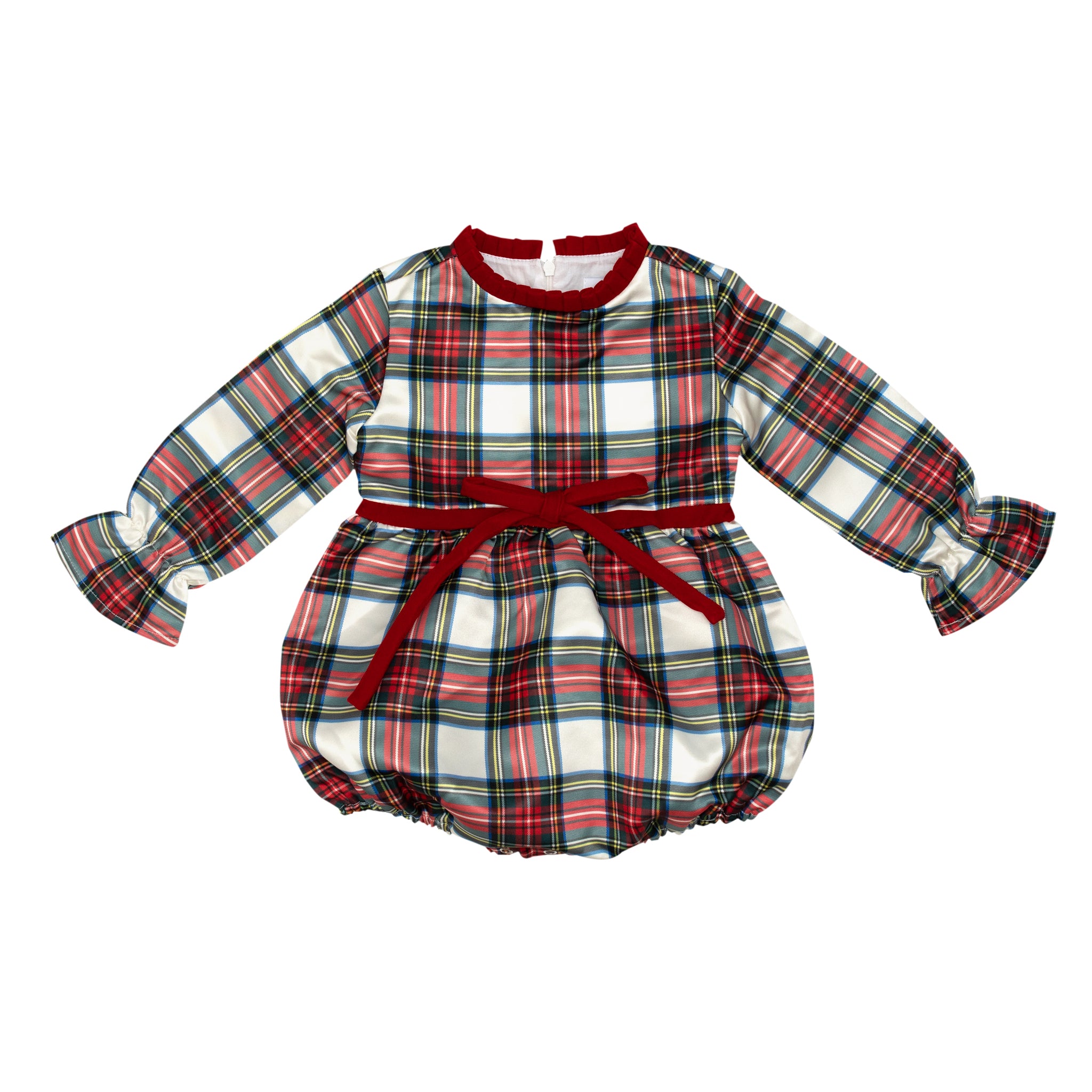 Baby girl holiday bubble in Townsend Tartan with bow waist detail, classic plaid design for fall and holiday photos – Henry Duvall timeless baby outfit