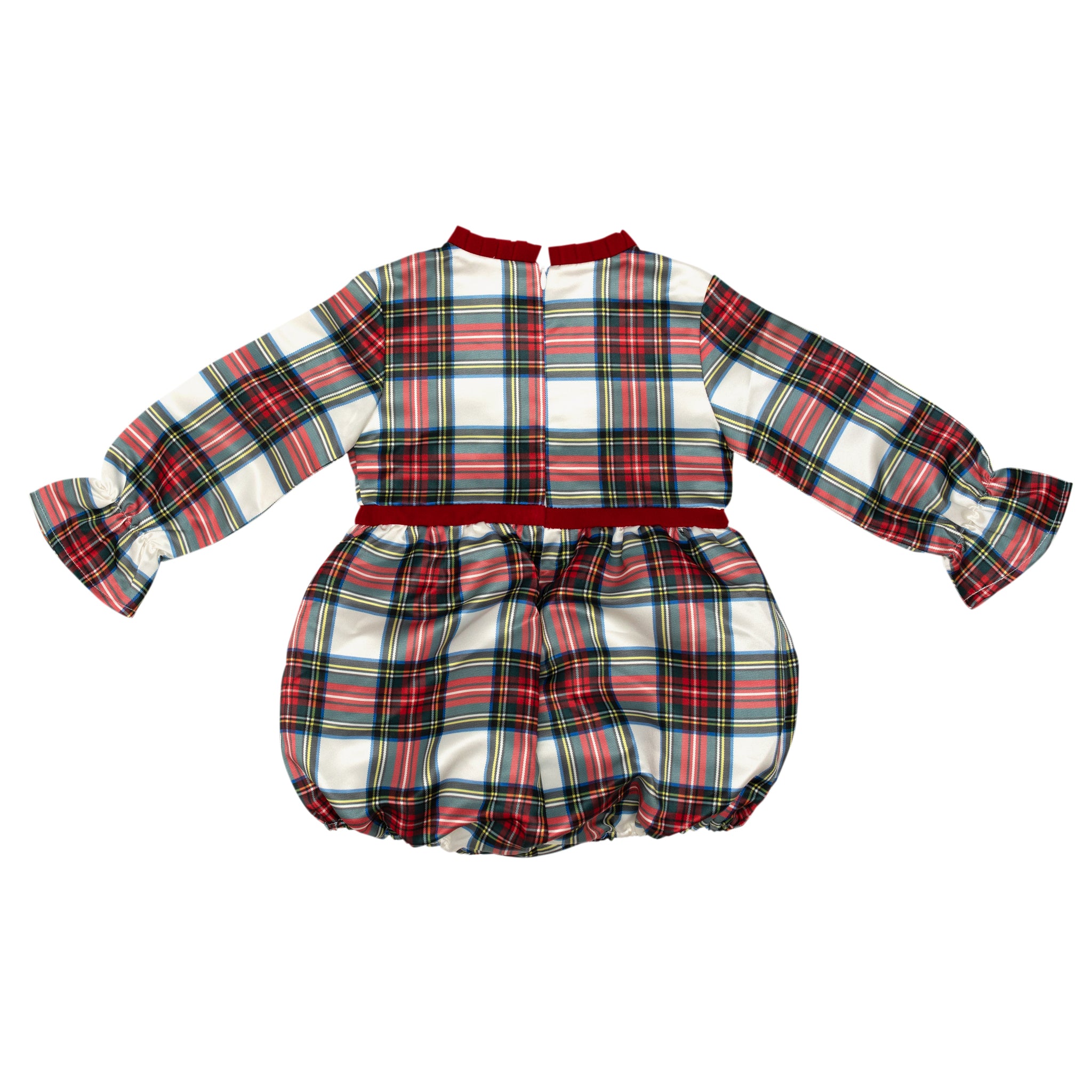 Baby girl holiday bubble in Townsend Tartan with bow waist detail, classic plaid design for fall and holiday photos – Henry Duvall timeless baby outfit