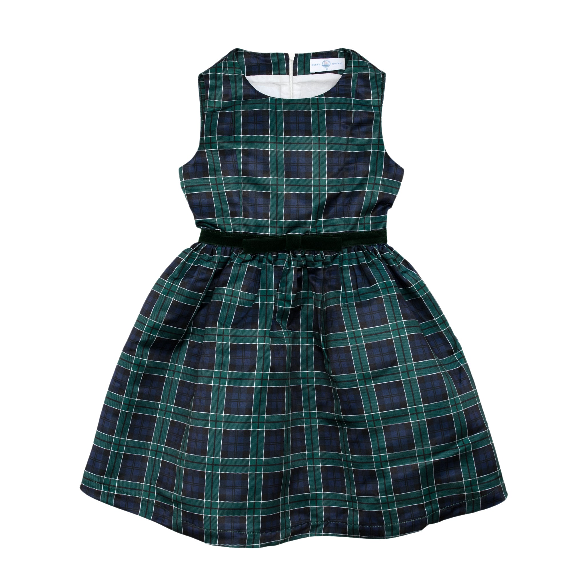 Teen girl holiday dress in Newbury Tartan with green velvet trim, classic A-line silhouette, perfect for family photos and festive gatherings