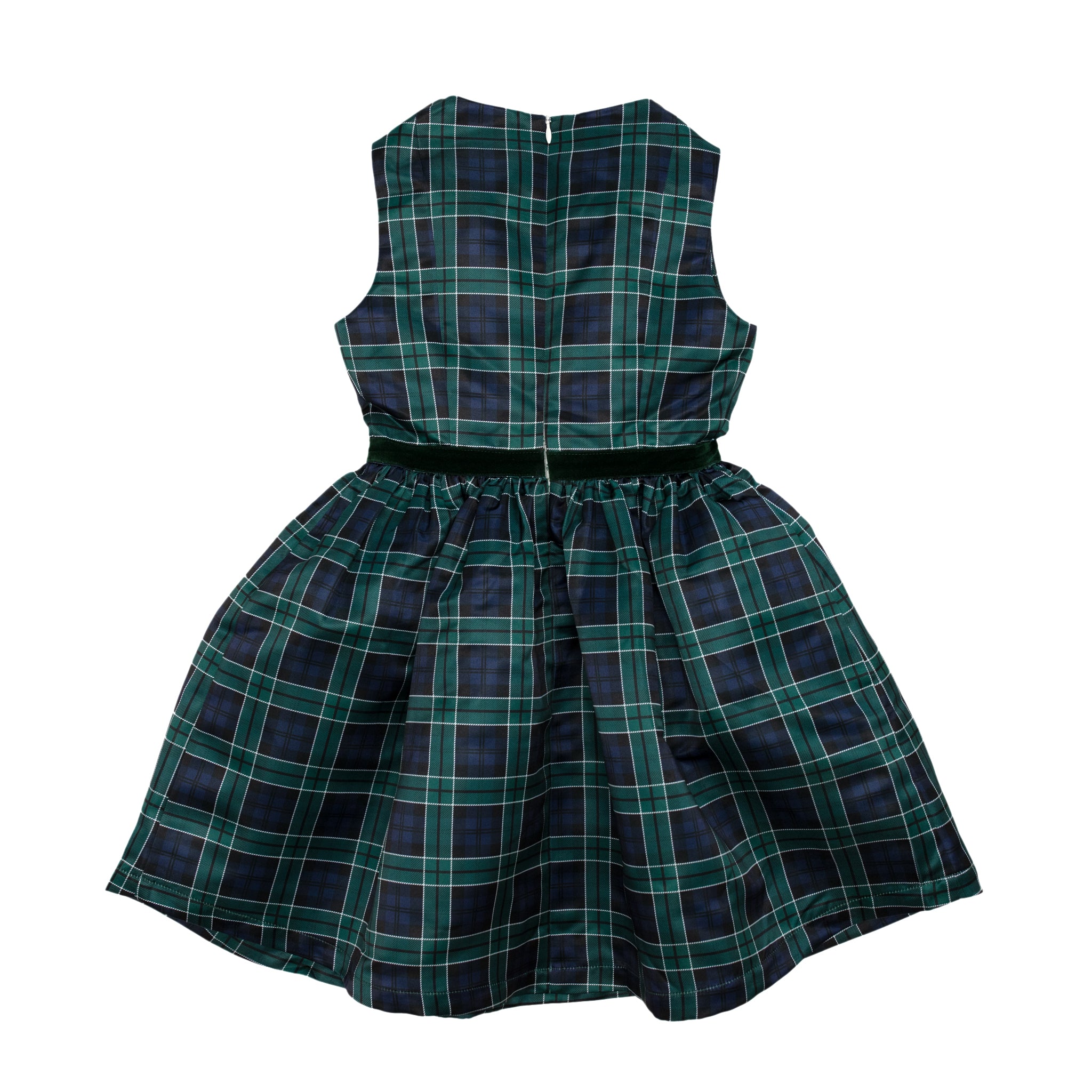 Teen girl holiday dress in Newbury Tartan with green velvet trim, classic A-line silhouette, perfect for family photos and festive gatherings