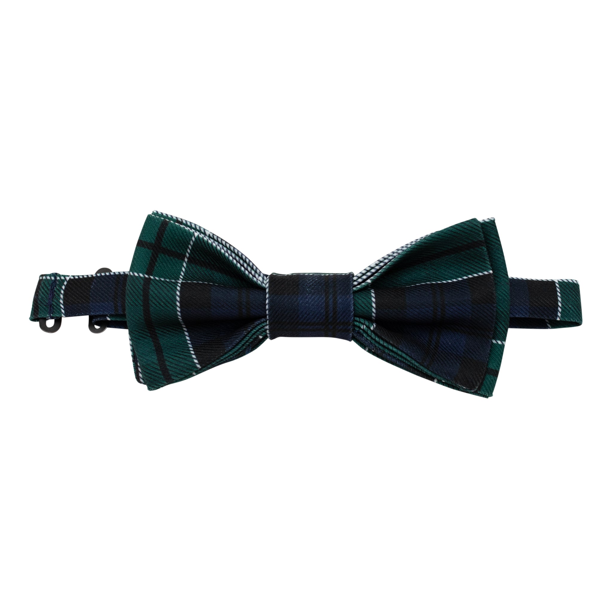 Boys’ adjustable pre-tied bow tie in classic green and navy Newbury Tartan – timeless holiday plaid accessory for festive dressing