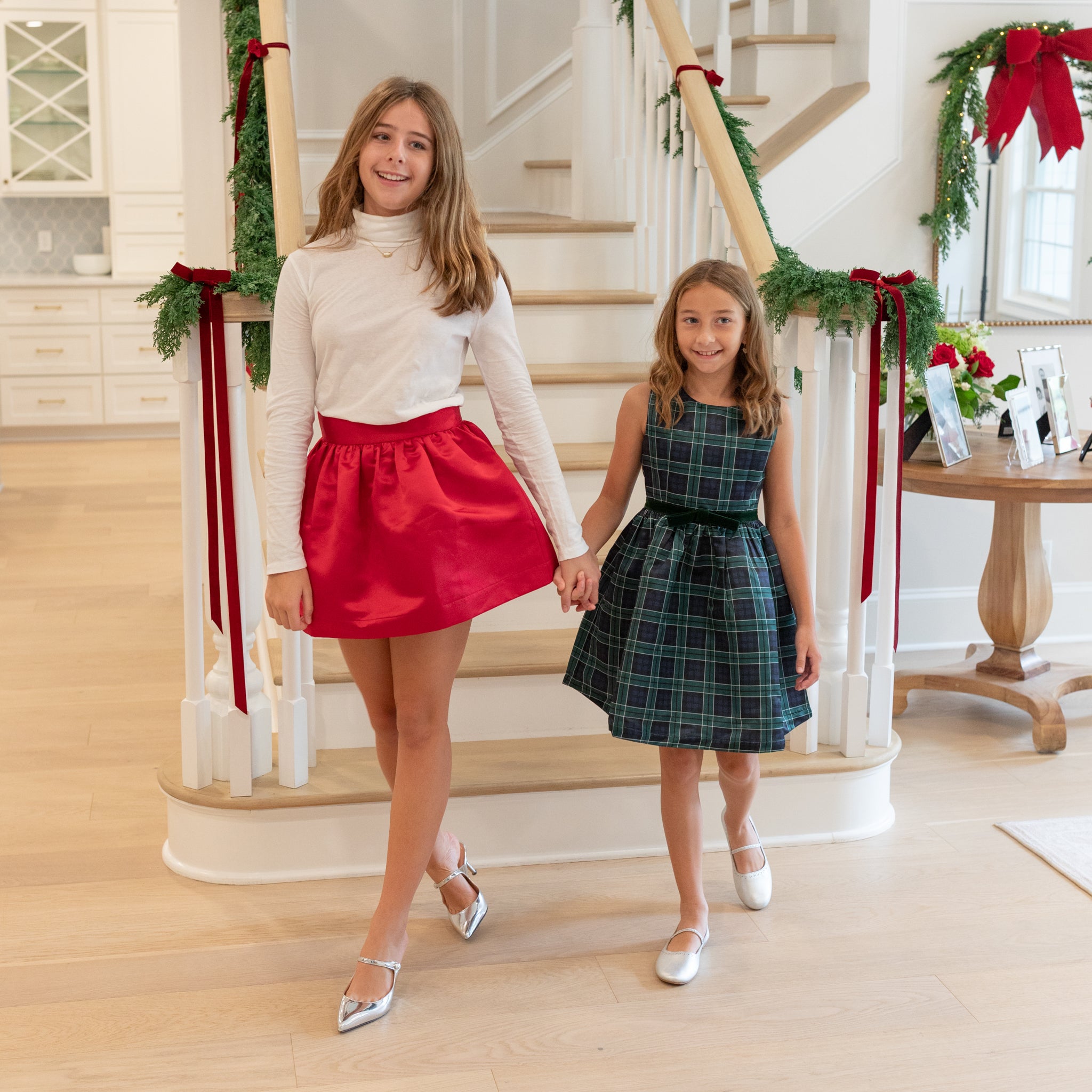 Red holiday skirt for teen girls with subtle pleats and elegant shine, Henry Duvall Sutton Skirt with elastic waistband and classic A-line silhouette