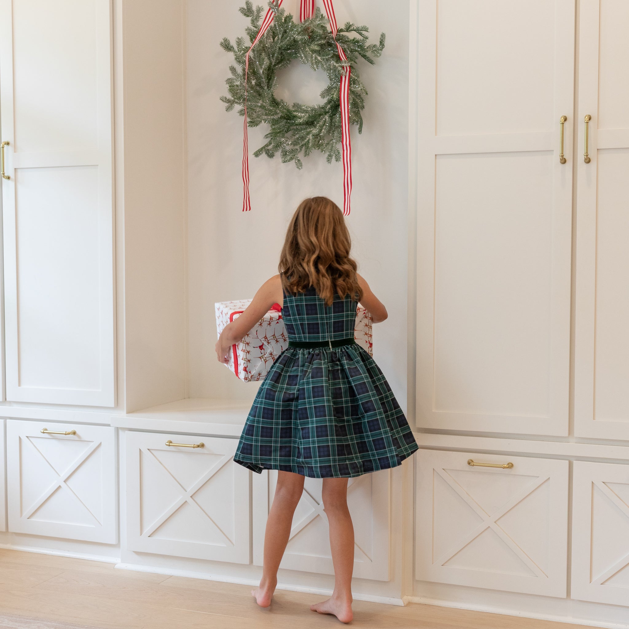 Teen girl holiday dress in Newbury Tartan with green velvet trim, classic A-line silhouette, perfect for family photos and festive gatherings