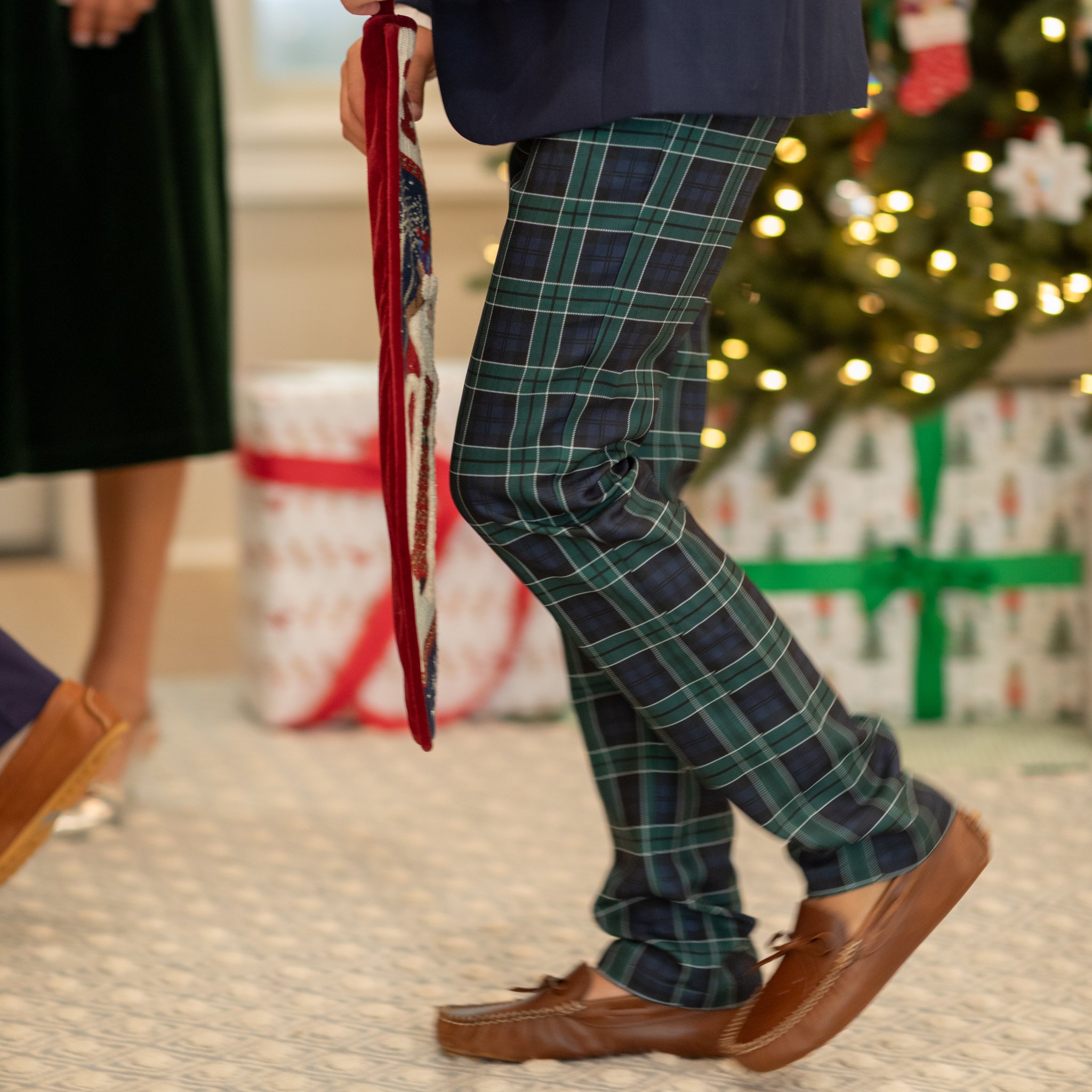 Boys holiday trousers in classic green and navy tartan, tailored Christmas pants for older boys with coordinating sibling outfits from Henry Duvall