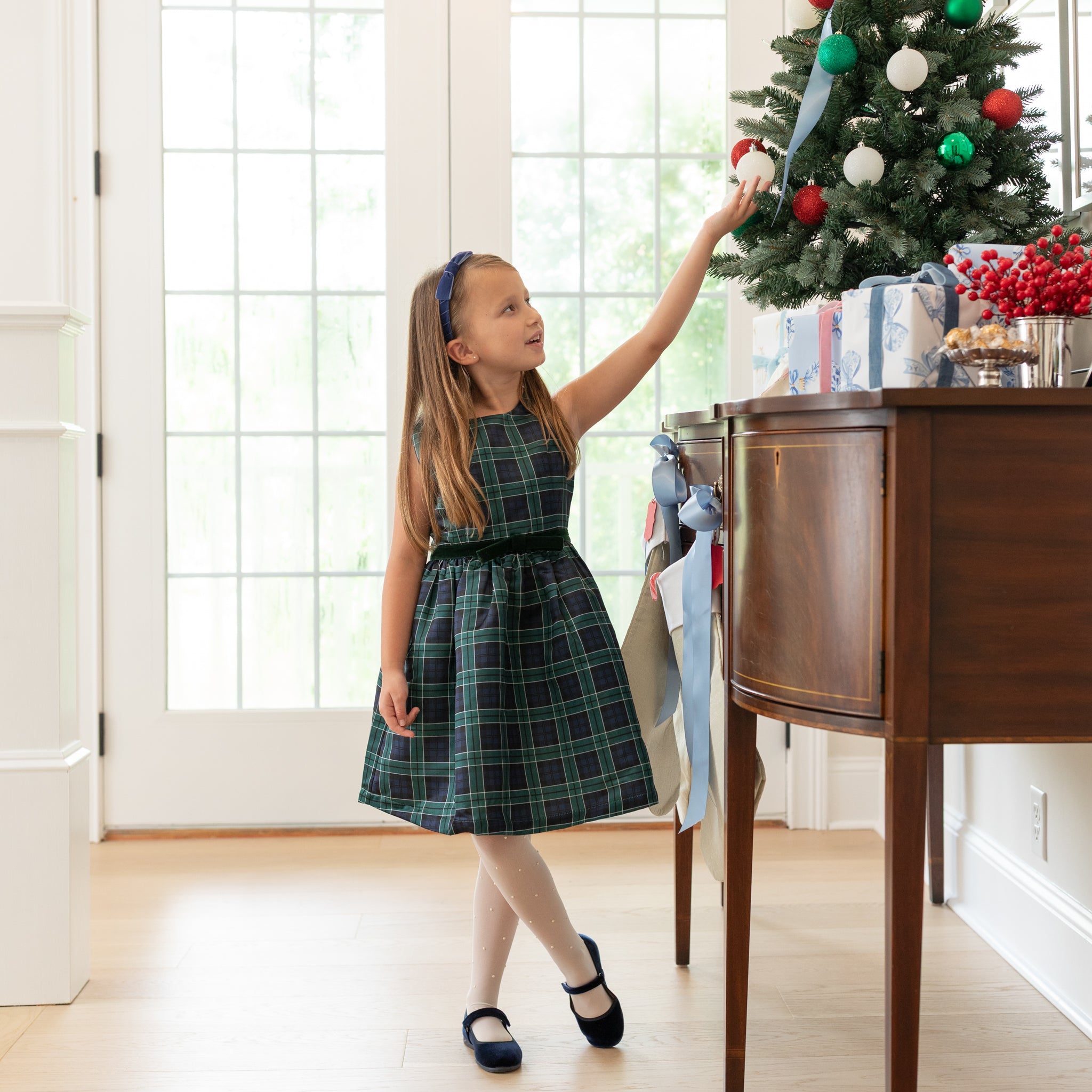 Teen girl holiday dress in Newbury Tartan with green velvet trim, classic A-line silhouette, perfect for family photos and festive gatherings