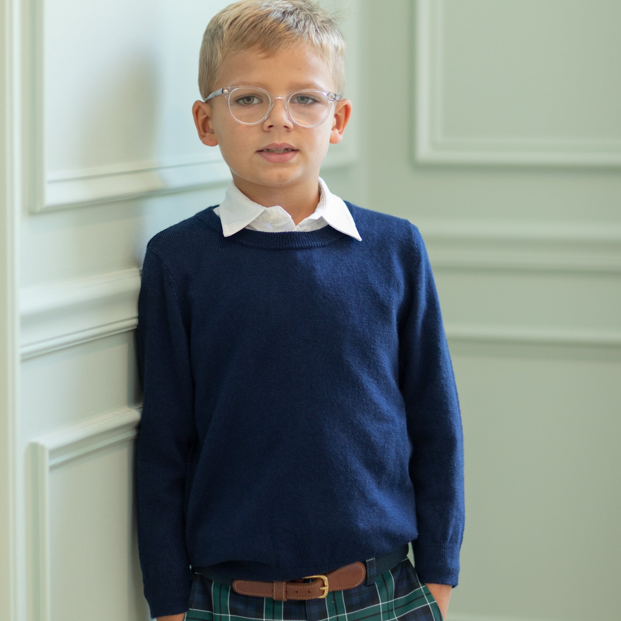 Classic boys navy crewneck sweater, soft anti-pilling knit, ideal for layering with dress shirts or trousers, timeless fall and winter staple from Henry Duvall