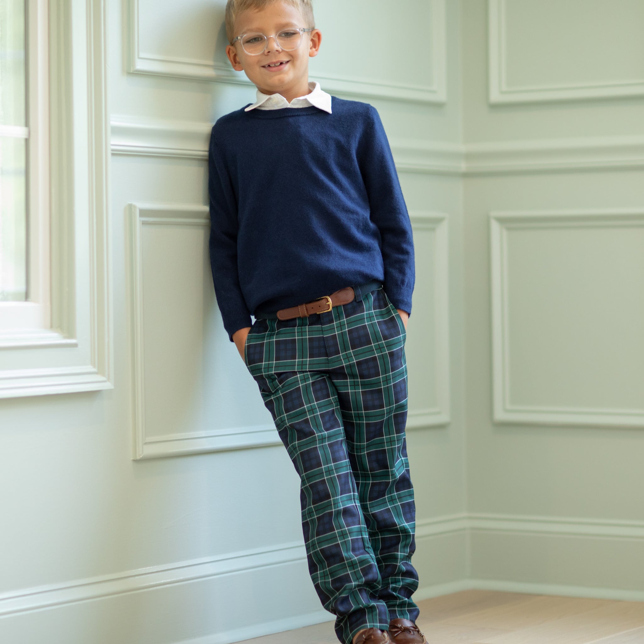 Boys holiday trousers in classic green and navy tartan, tailored Christmas pants for older boys with coordinating sibling outfits from Henry Duvall