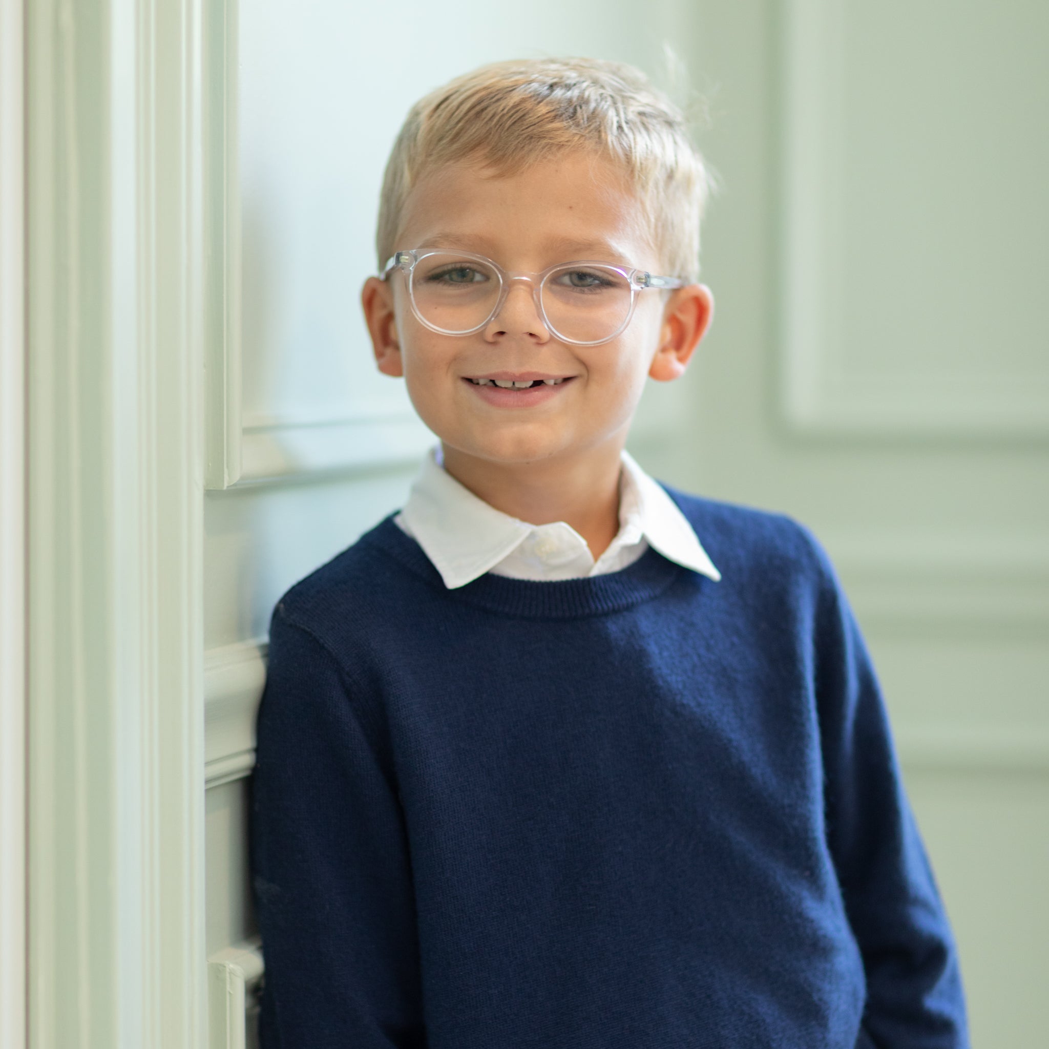 Classic boys navy crewneck sweater, soft anti-pilling knit, ideal for layering with dress shirts or trousers, timeless fall and winter staple from Henry Duvall