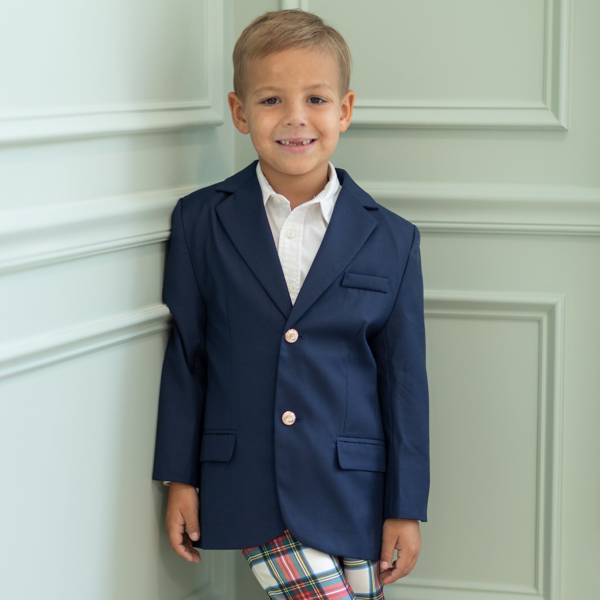 Henry Duvall Wentworth Blazer for boys in classic navy with gold HD branded buttons, timeless children’s holiday blazer for church, portraits, and special occasions