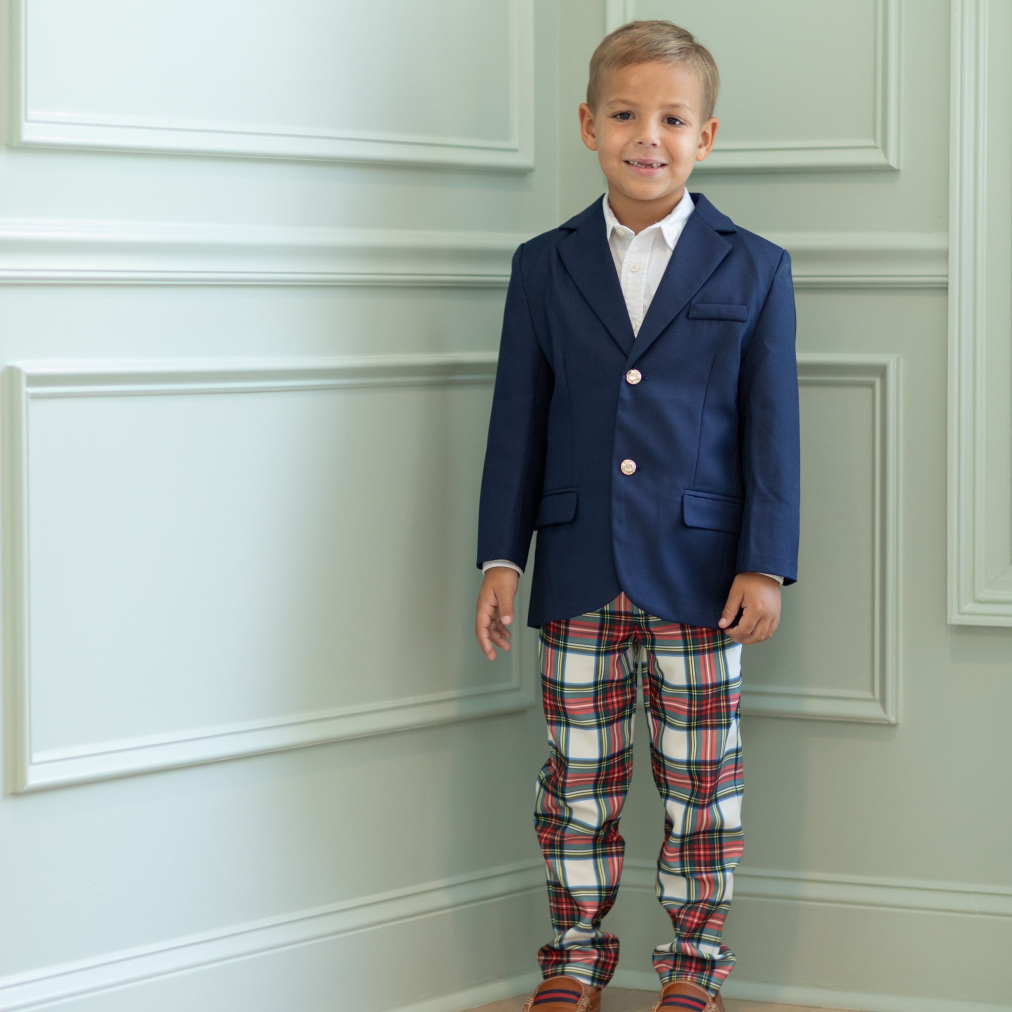 Henry Duvall Wentworth Blazer for boys in classic navy with gold HD branded buttons, timeless children’s holiday blazer for church, portraits, and special occasions