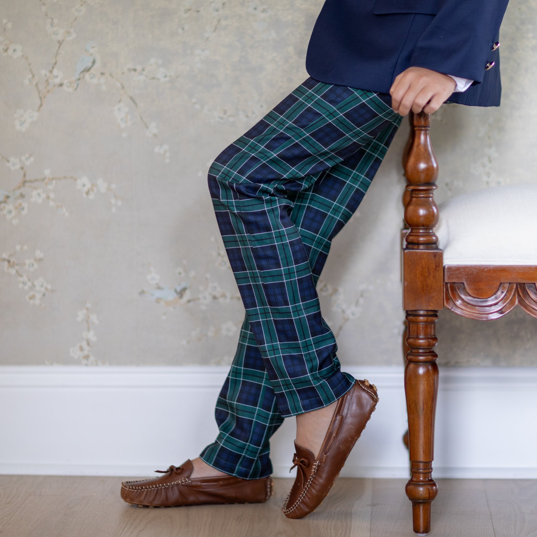 Boys holiday trousers in classic green and navy tartan, tailored Christmas pants for older boys with coordinating sibling outfits from Henry Duvall