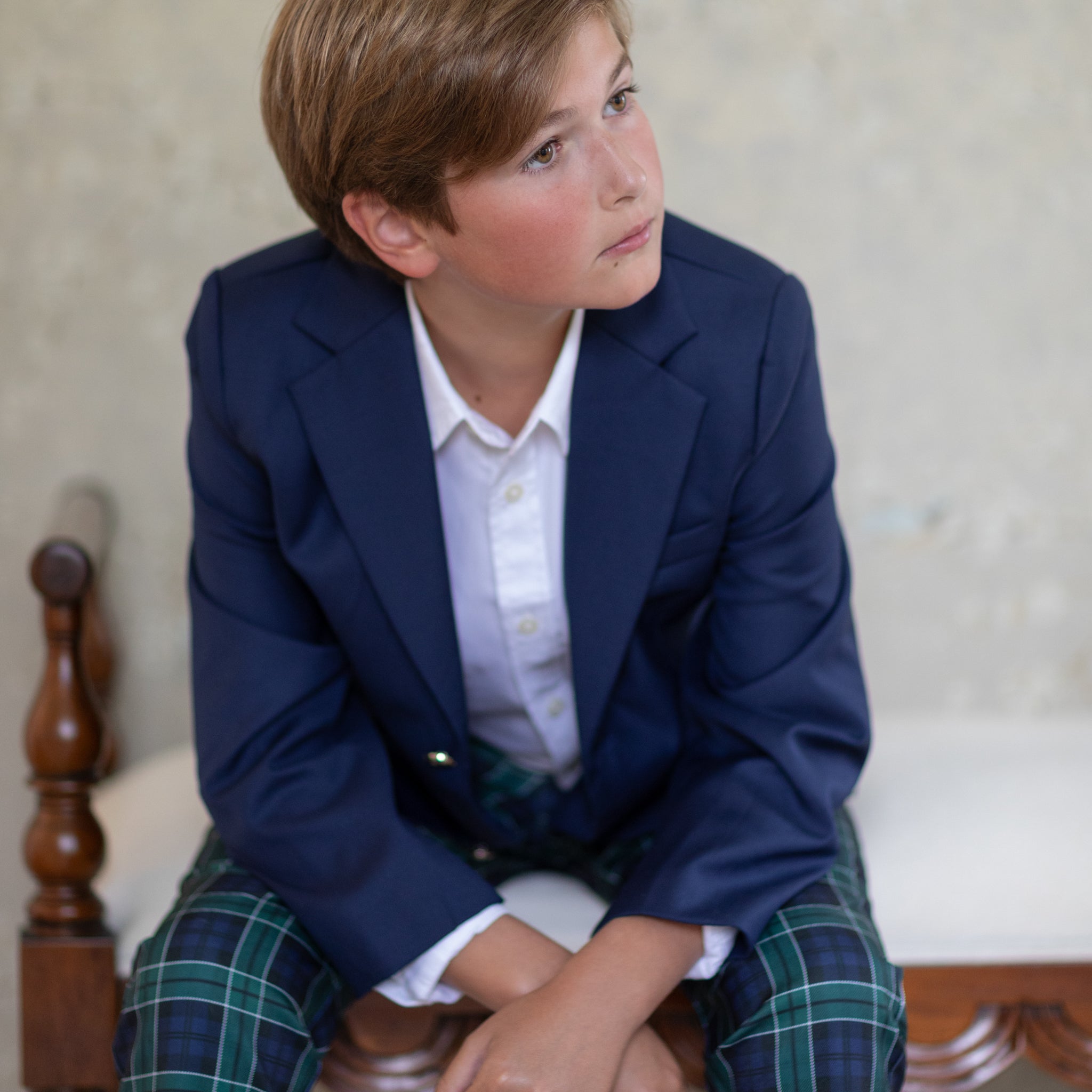 Boys holiday trousers in classic green and navy tartan, tailored Christmas pants for older boys with coordinating sibling outfits from Henry Duvall
