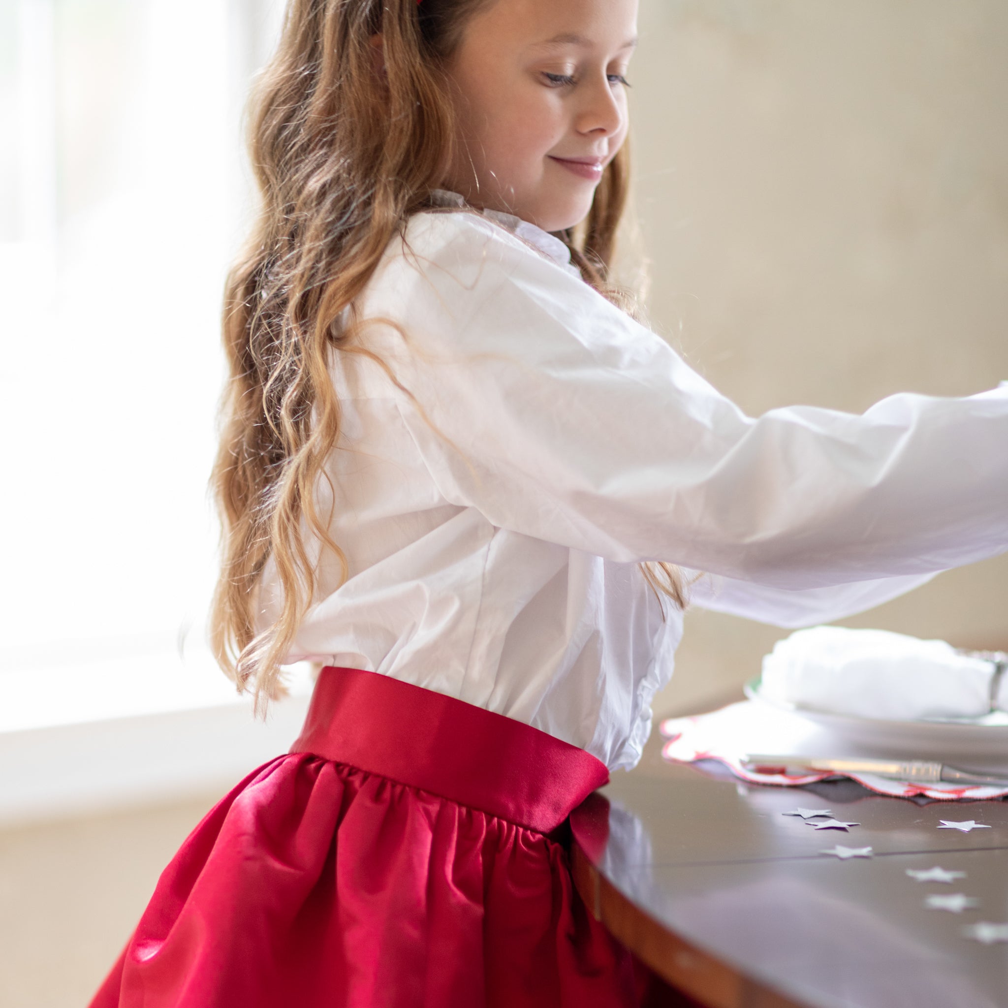 Red holiday skirt for teen girls with subtle pleats and elegant shine, Henry Duvall Sutton Skirt with elastic waistband and classic A-line silhouette