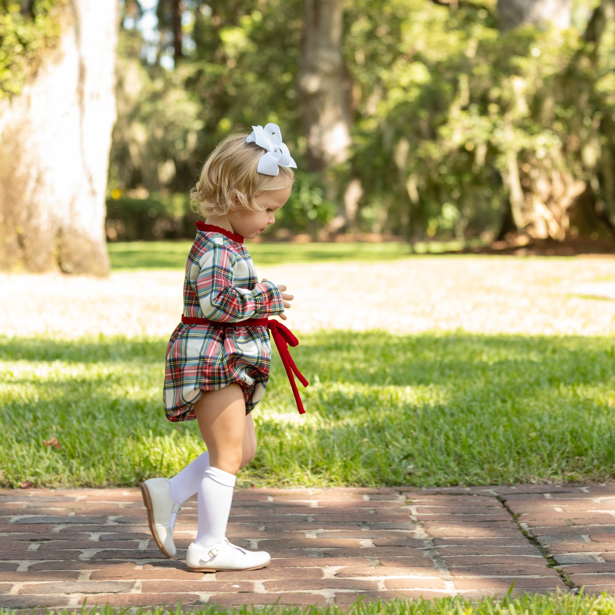 Baby girl holiday bubble in Townsend Tartan with bow waist detail, classic plaid design for fall and holiday photos – Henry Duvall timeless baby outfit