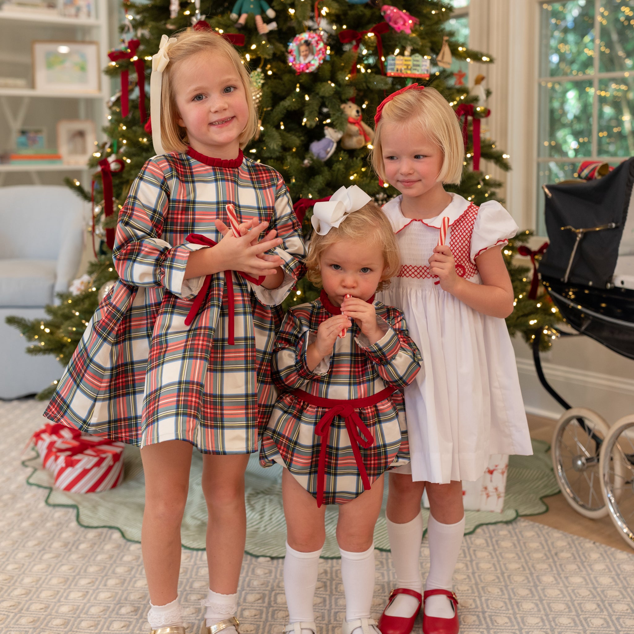 Baby girl holiday bubble in Townsend Tartan with bow waist detail, classic plaid design for fall and holiday photos – Henry Duvall timeless baby outfit