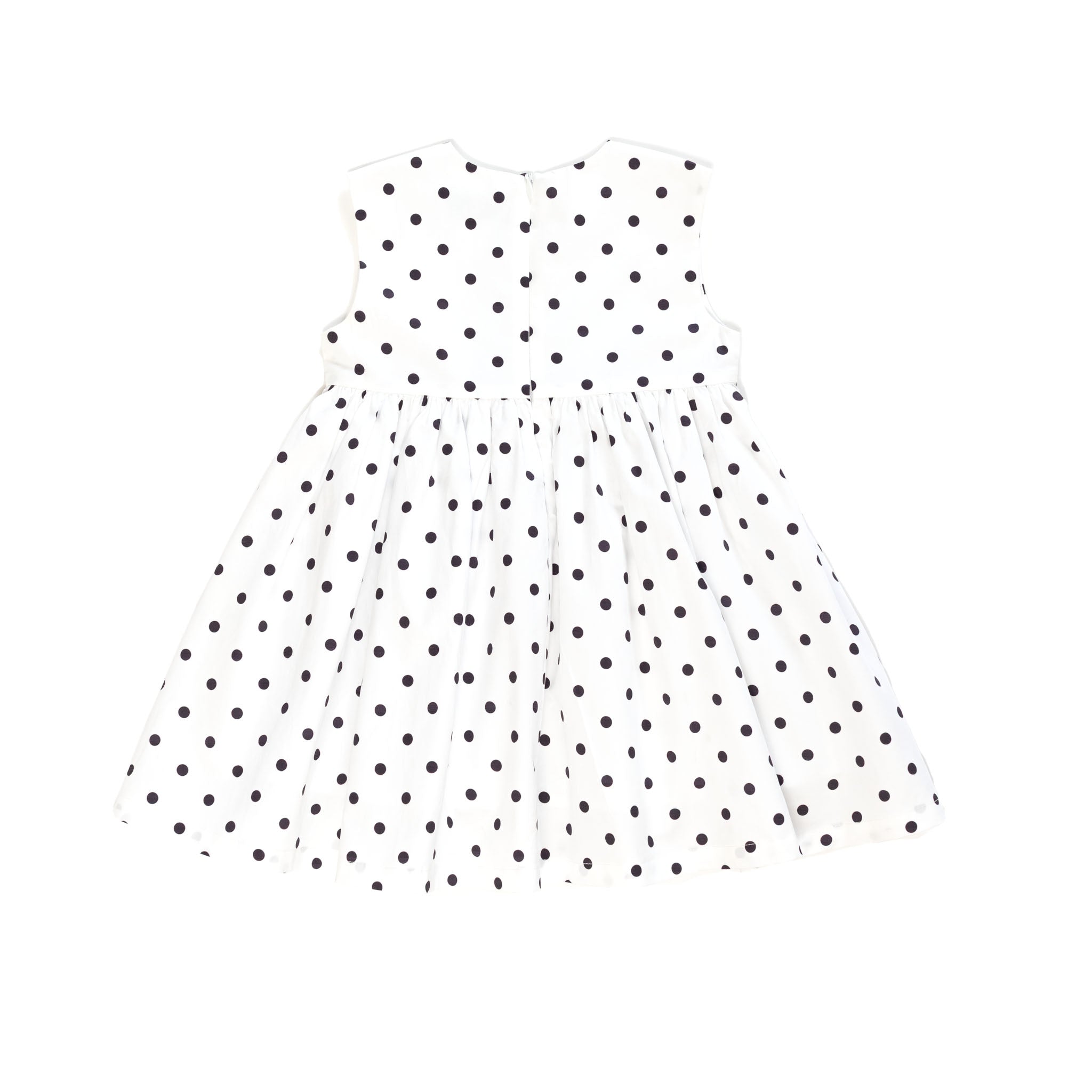 Henry Duvall Betsy Dress in white cotton with navy polka dots and grosgrain bow, classic twirl dress for girls that transitions from summer to fall