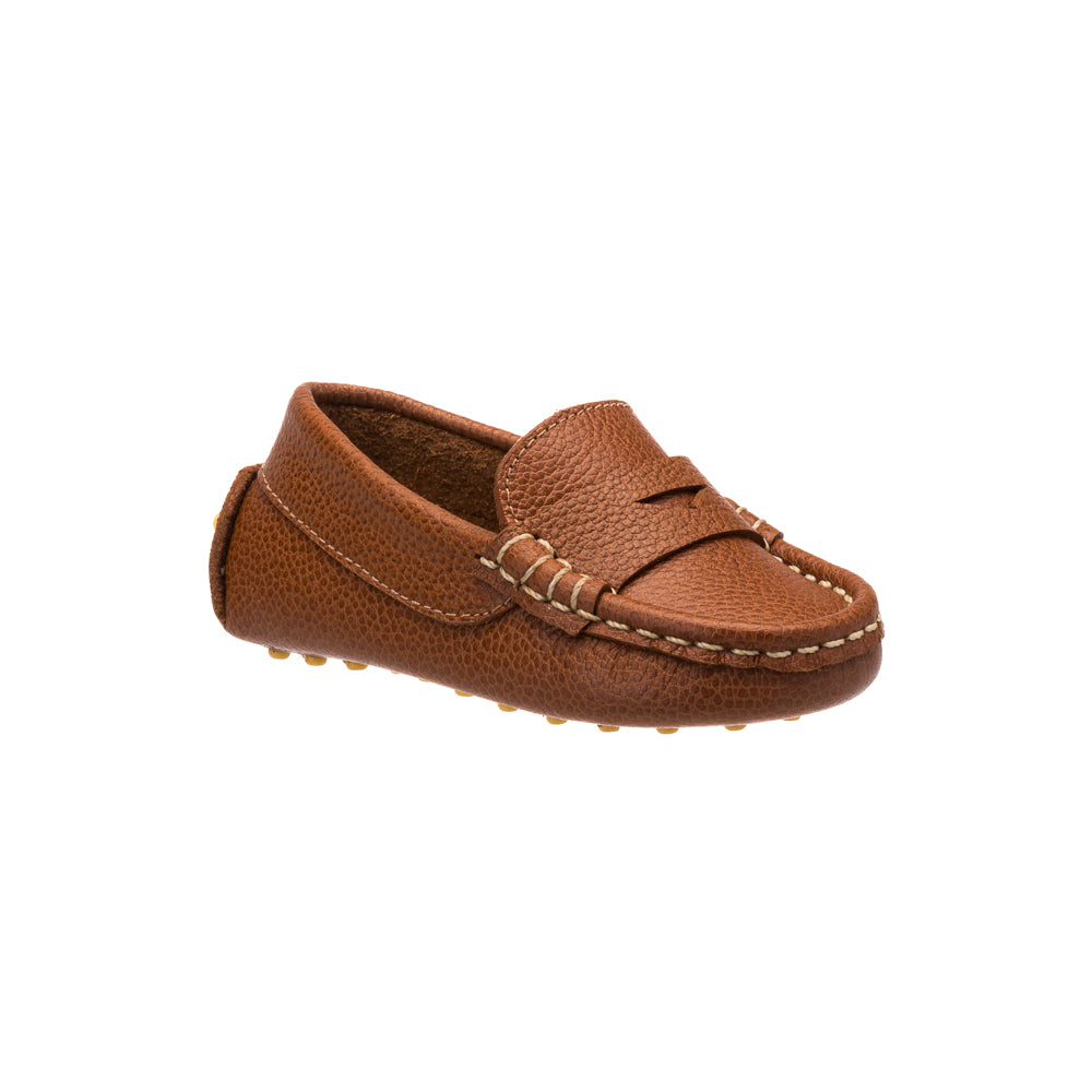 Elephantito tan leather driver loafer for boys with pebble sole and vamp strap, classic slip-on dress shoe for fall outfits, family gatherings, and everyday style at Henry Duvall