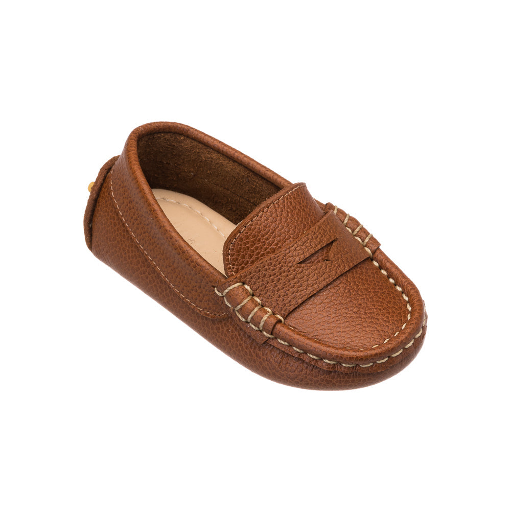Elephantito tan leather driver loafer for boys with pebble sole and vamp strap, classic slip-on dress shoe for fall outfits, family gatherings, and everyday style at Henry Duvall