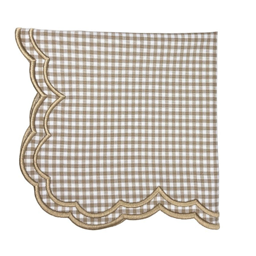 Wheat gingham placemat with scalloped edge embroidery, styled for a classic Thanksgiving table