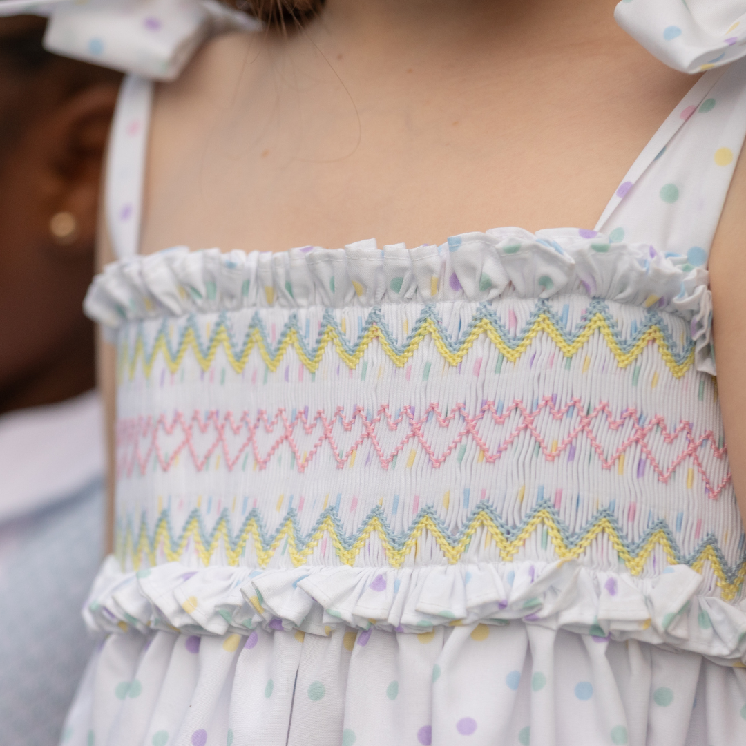 Henry Duvall Daisy Dress in Dunmore Dot print with hand-smocked bodice and shoulder bow ties, classic heirloom summer dress for girls