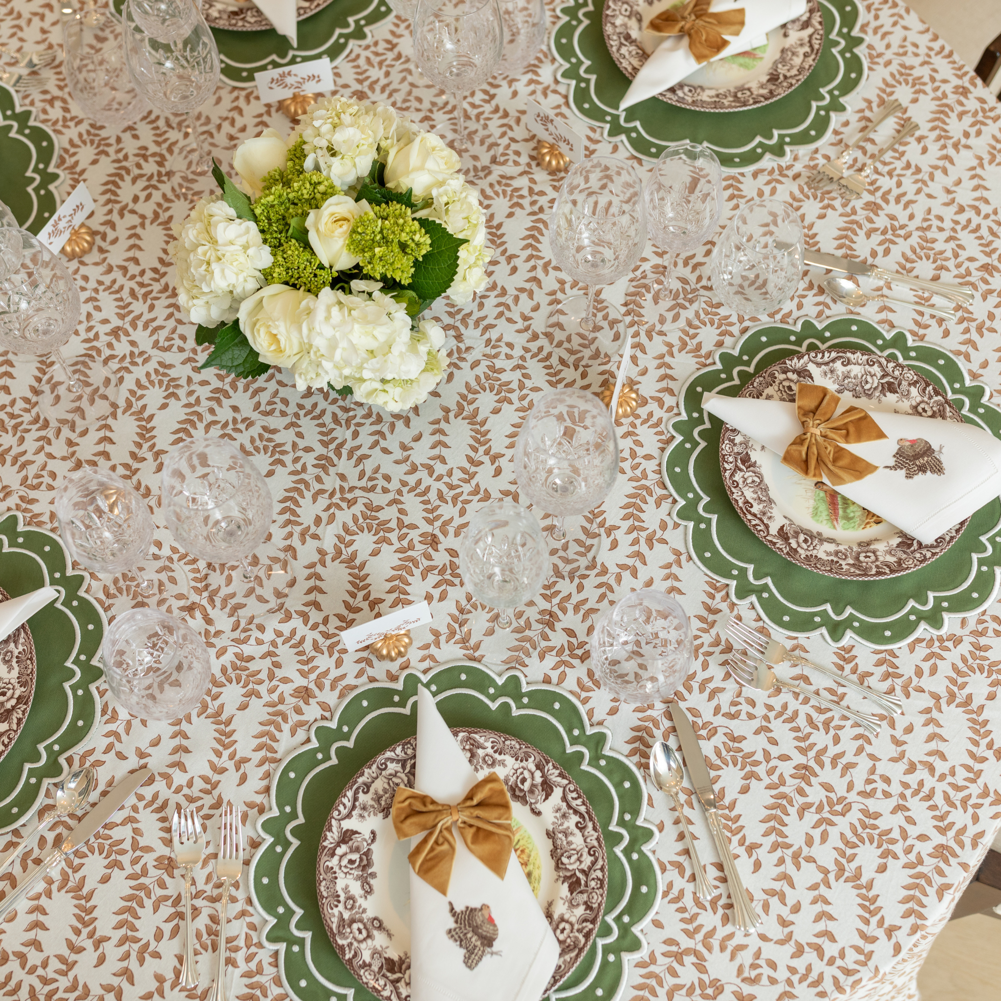Woodland Leaves Thanksgiving tablecloth in warm golden leaf block print on ivory cotton, handcrafted by Flying Sheep Country, perfect for fall and holiday entertaining.