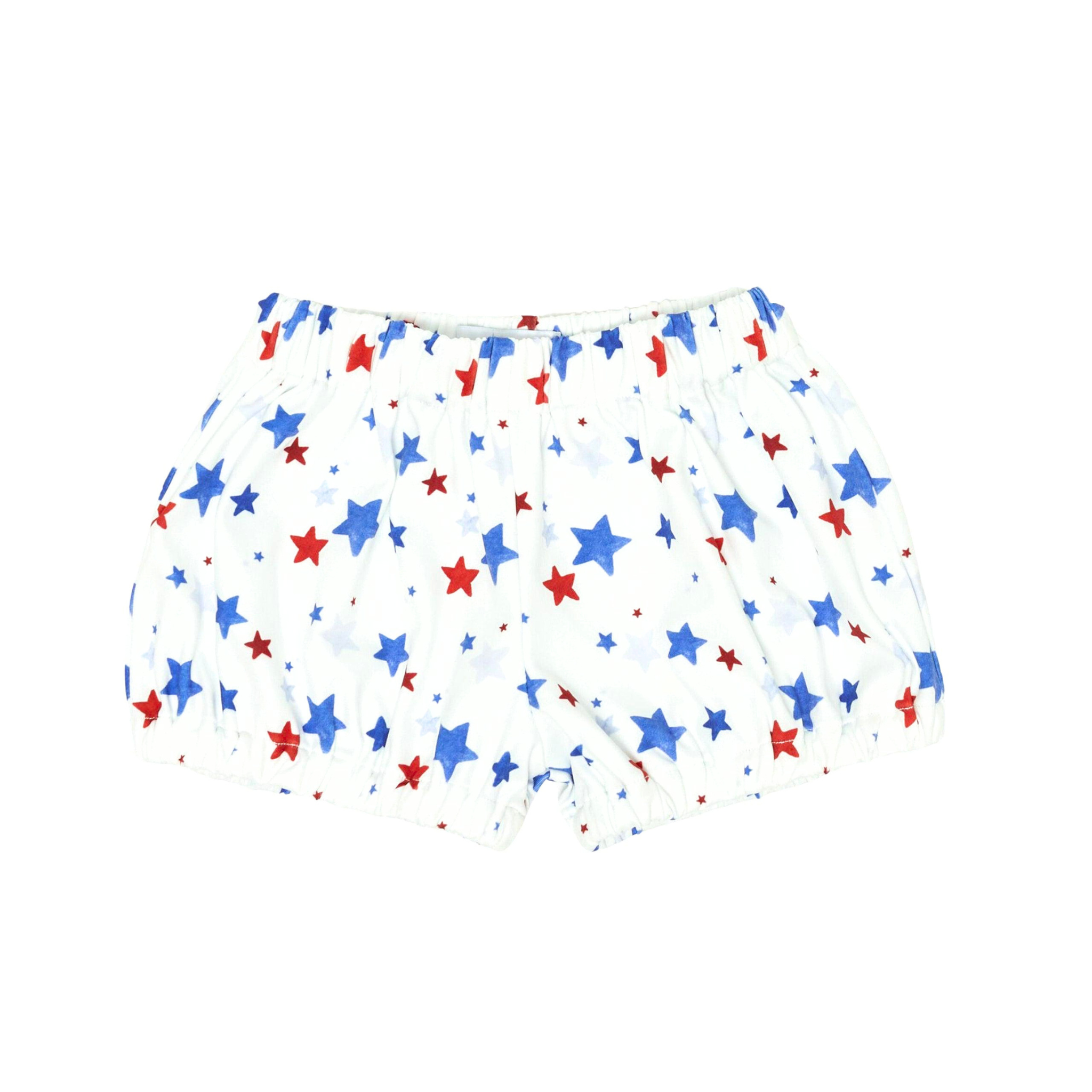 Henry Duvall baby swim shorties in red white and blue star print, patriotic UPF 50+ baby swim bloomers for Memorial Day, 4th of July, beach vacations, and summer wear