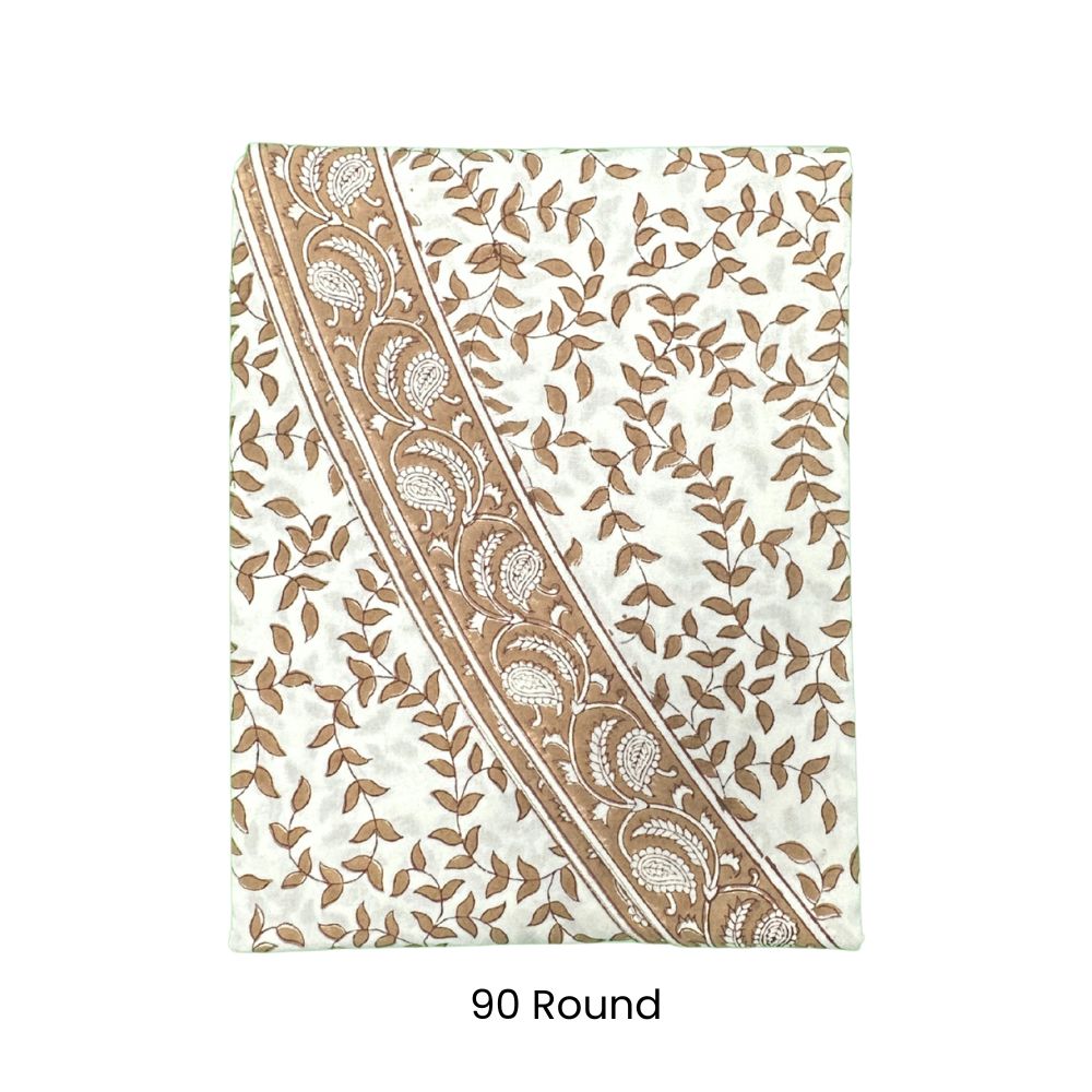 Woodland Leaves Thanksgiving tablecloth in warm golden leaf block print on ivory cotton, handcrafted by Flying Sheep Country, perfect for fall and holiday entertaining.