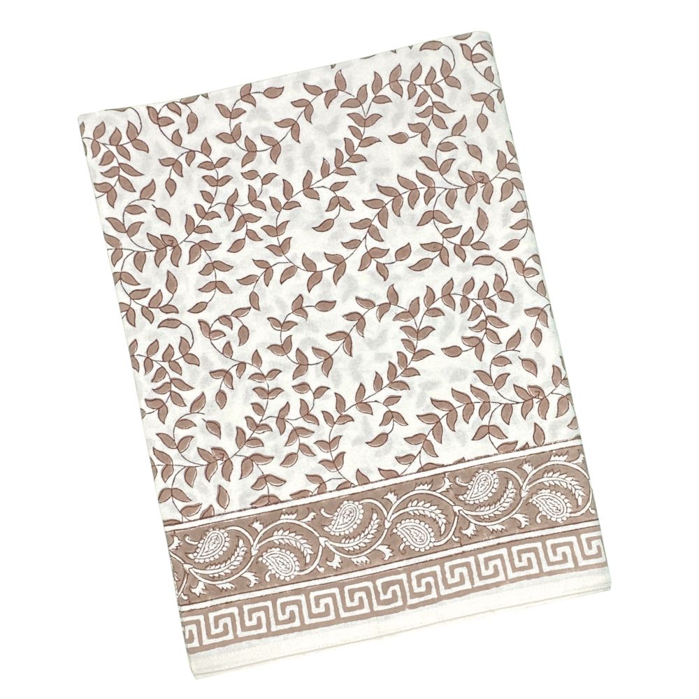 Woodland Leaves Thanksgiving tablecloth in warm golden leaf block print on ivory cotton, handcrafted by Flying Sheep Country, perfect for fall and holiday entertaining.