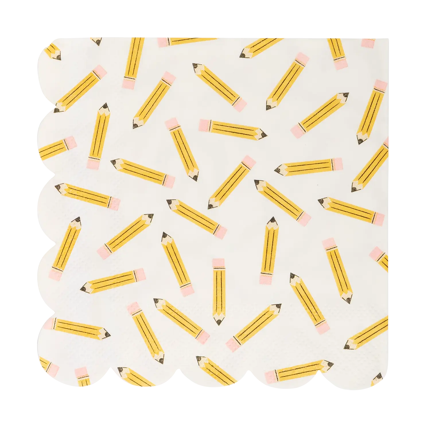 Pattern of yellow pencils with pink erasers on a white background