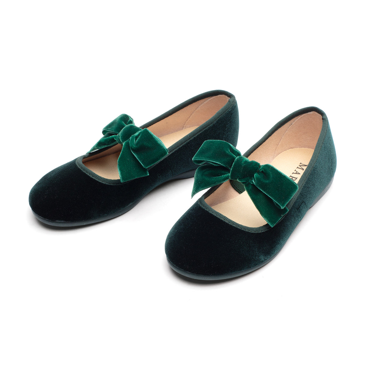 Andie Emerald velvet Mary Jane in emerald green with velvet bow, pair angled