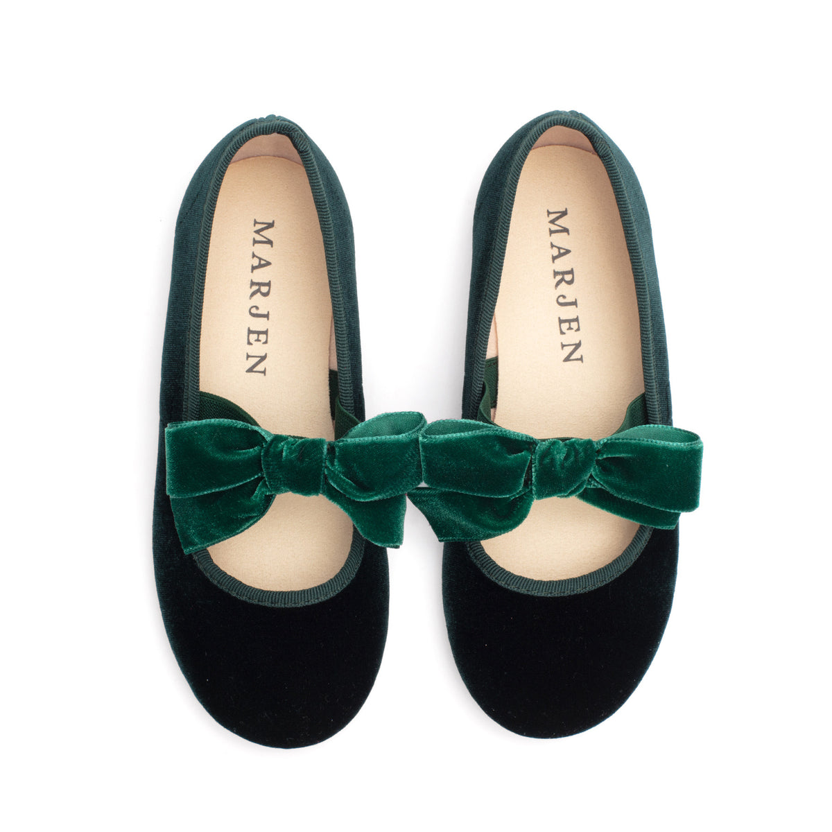 Andie Emerald velvet Mary Jane in emerald green with velvet bow, top-down view of pair
