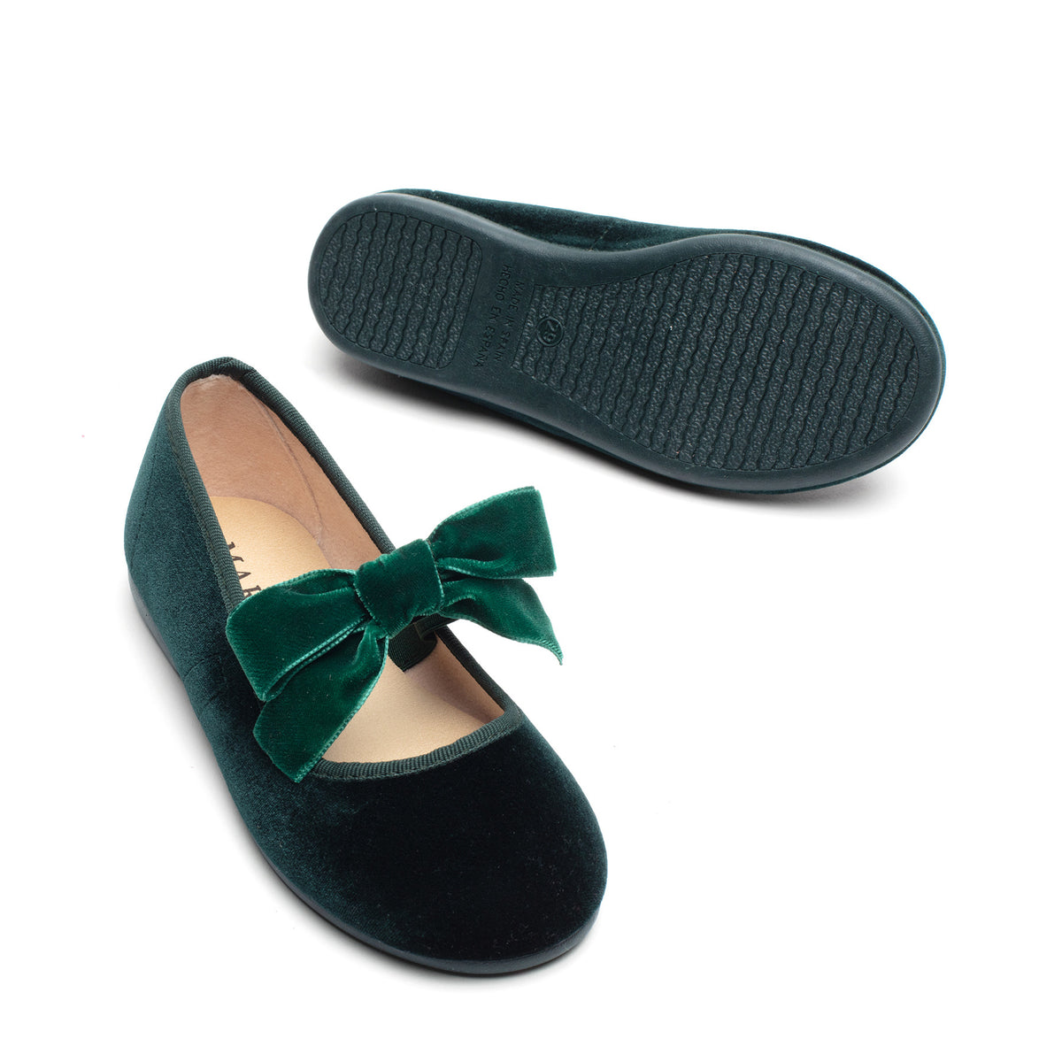 Andie Emerald velvet Mary Jane in emerald green with velvet bow, pair with sole shown