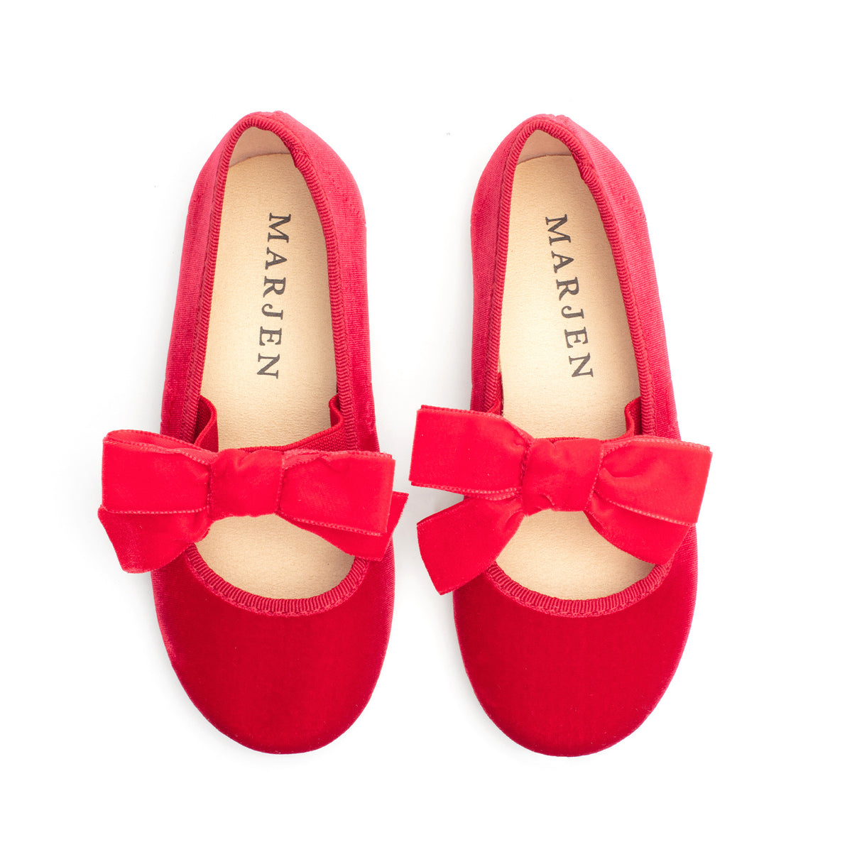 Andie Red velvet Mary Jane in red with velvet bow, top-down view of pair