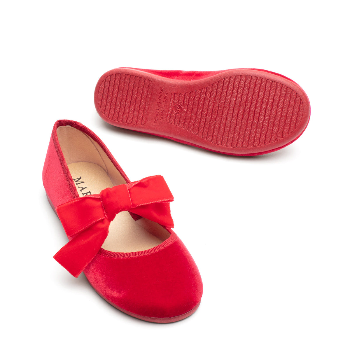 Andie Red velvet Mary Jane in red with velvet bow, pair with sole shown
