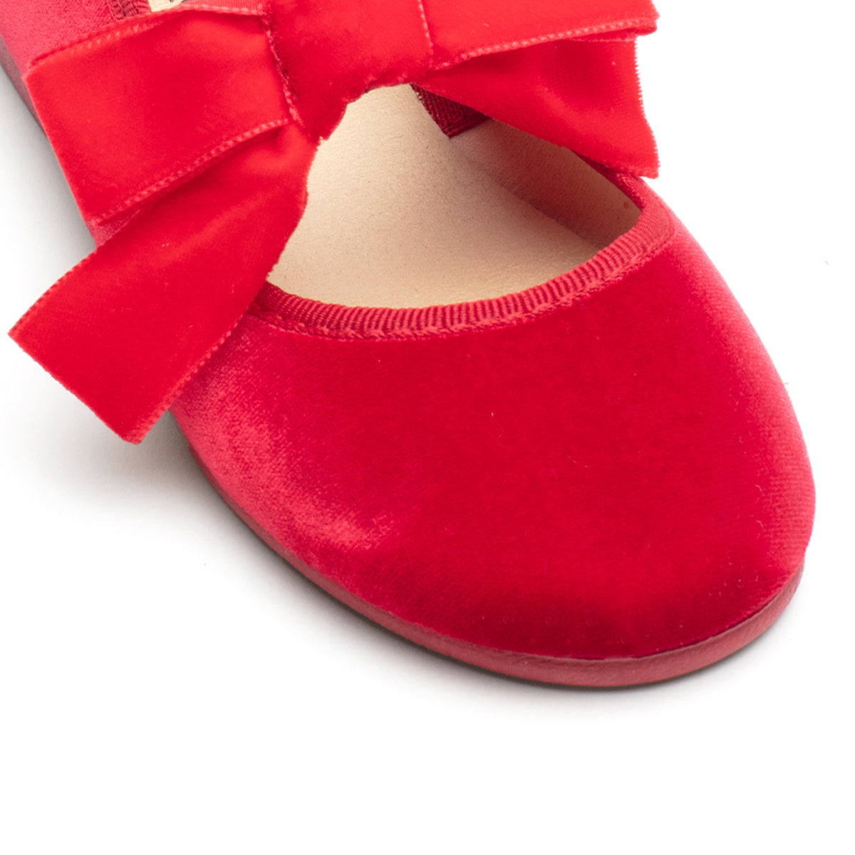 Andie Red velvet Mary Jane in red with velvet bow, close-up of toe and bow