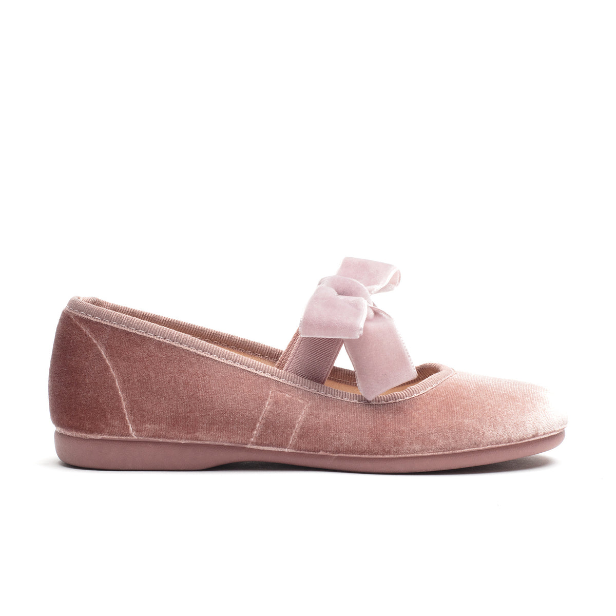 Andie Rose velvet Mary Jane in rose pink with velvet bow, side view