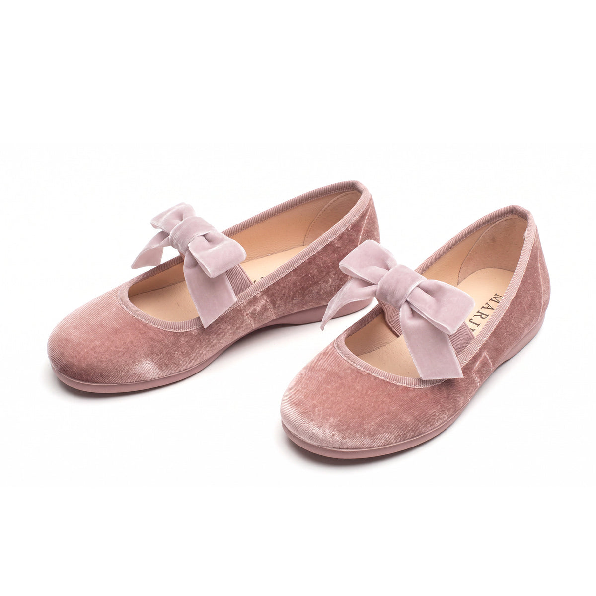 Andie Rose velvet Mary Jane in rose pink with velvet bow, pair angled