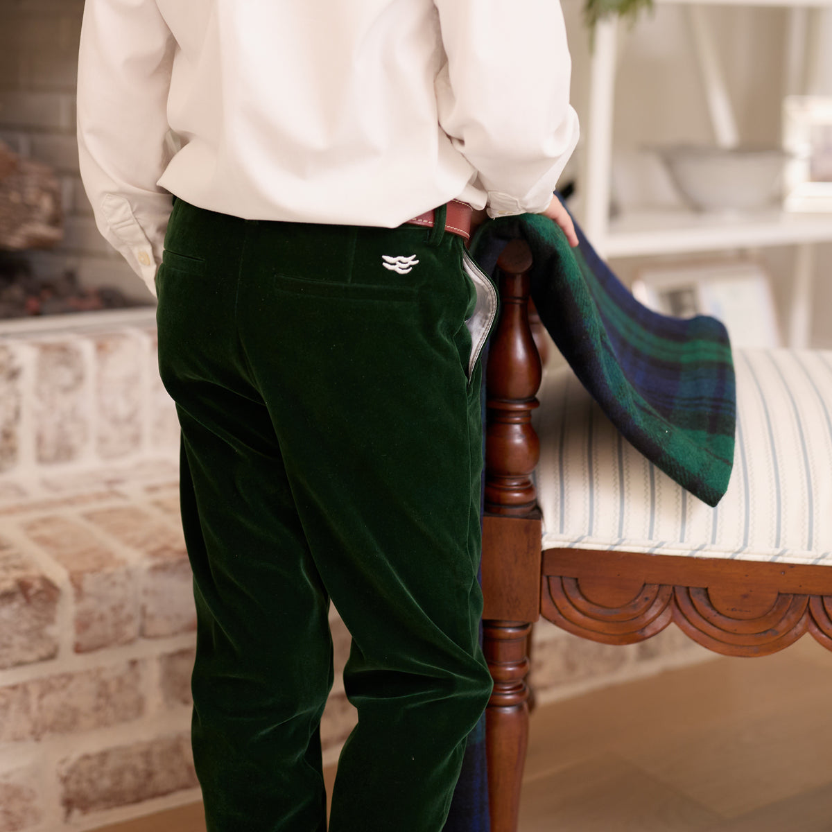 Boys’ Bradford Trousers in rich Grafton Green Velvet with a classic tailored fit, belt loops, front and back pockets, and embroidered Henry Duvall logo at the back.
