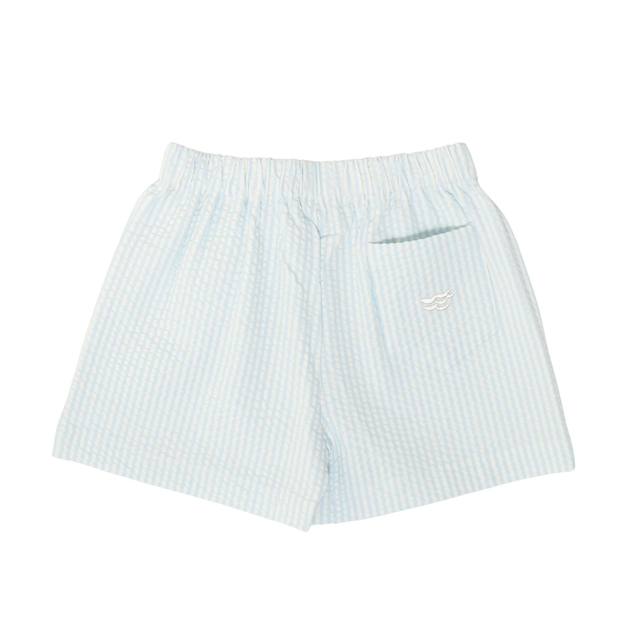 Liam Shorts Henry Duvall boys seersucker shorts in Bailey’s Bay Blue, a classic pull-on short designed for spring and summer wear.- Henry Duvall