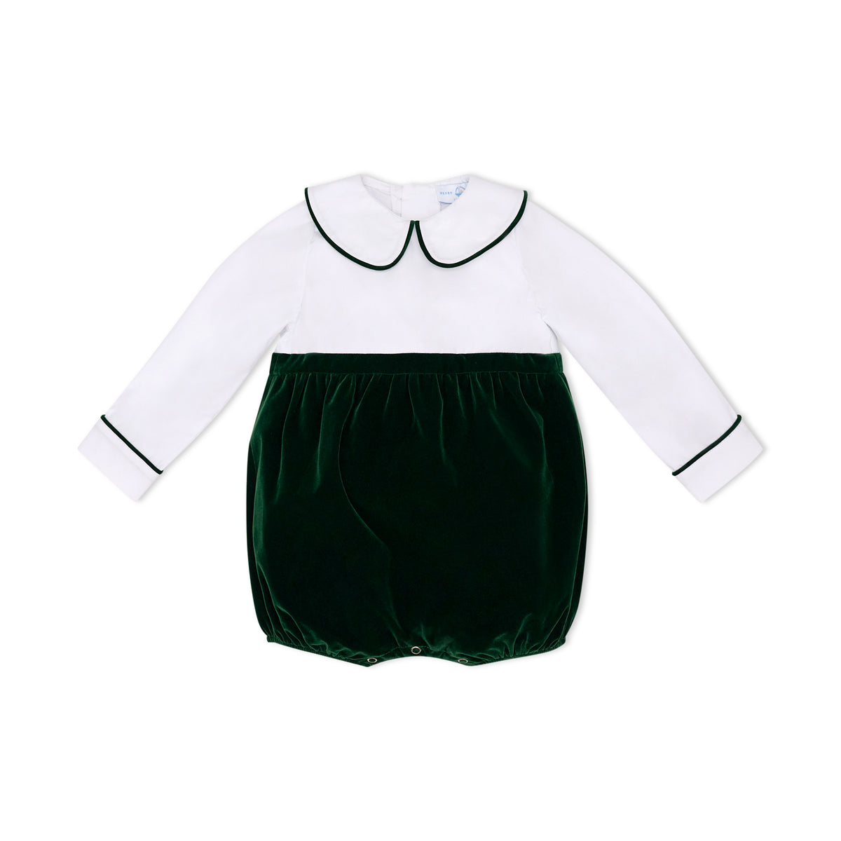 Boys’ Beau Bubble with crisp white long-sleeve cotton poplin top, green piping at the Peter Pan collar and cuffs, and gathered Grafton Green Velvet bottom.