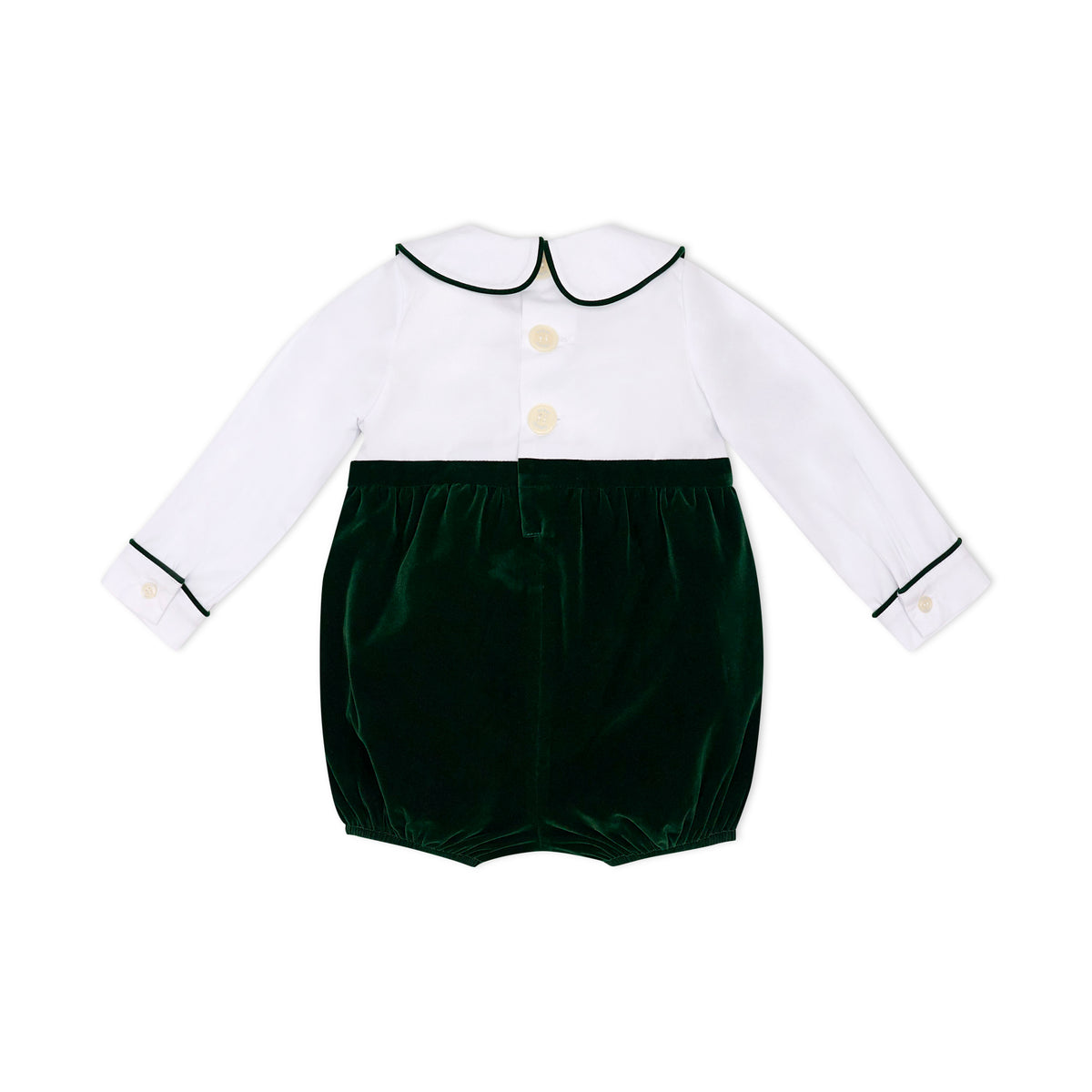 Boys’ Beau Bubble with crisp white long-sleeve cotton poplin top, green piping at the Peter Pan collar and cuffs, and gathered Grafton Green Velvet bottom.