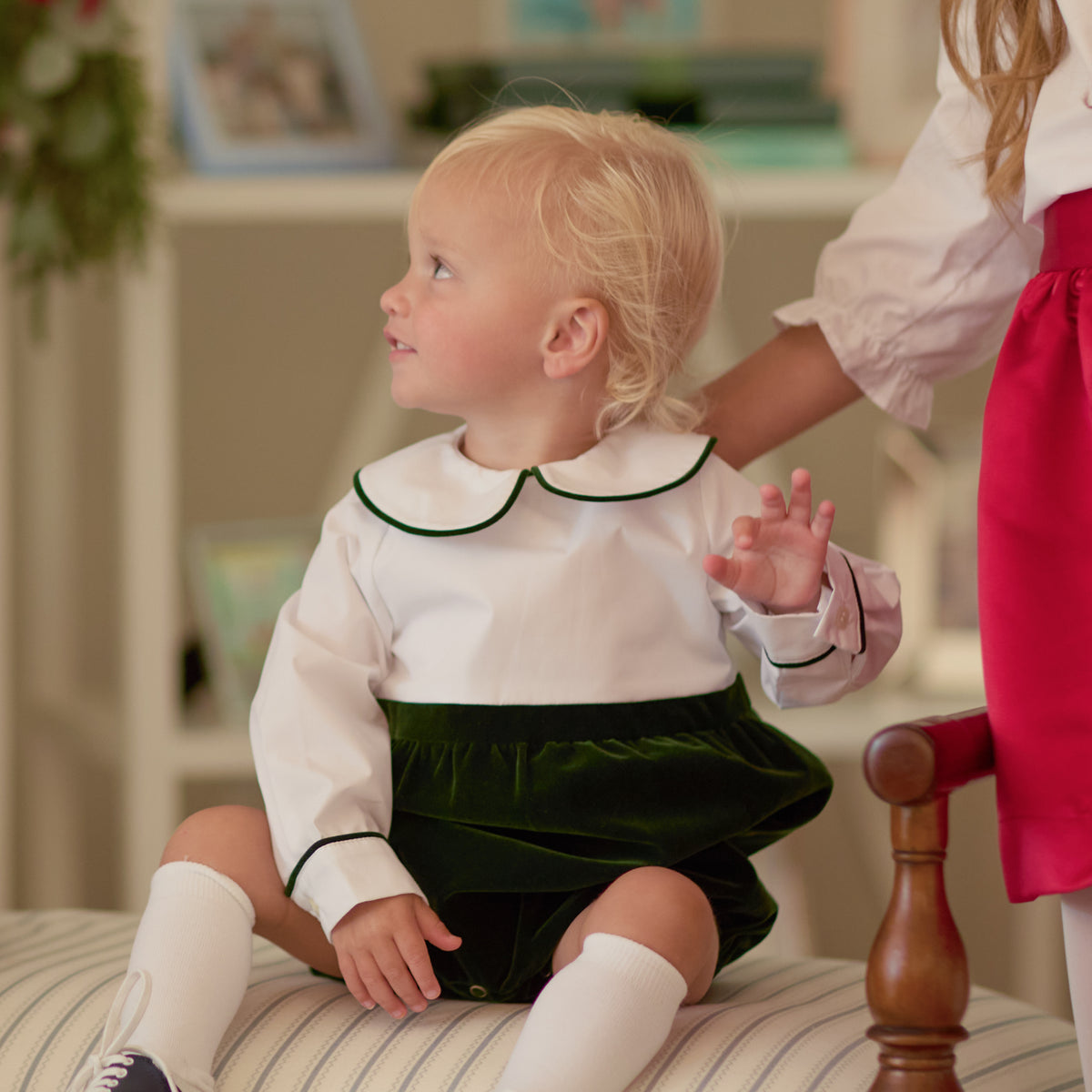 Boys’ Beau Bubble with crisp white long-sleeve cotton poplin top, green piping at the Peter Pan collar and cuffs, and gathered Grafton Green Velvet bottom.