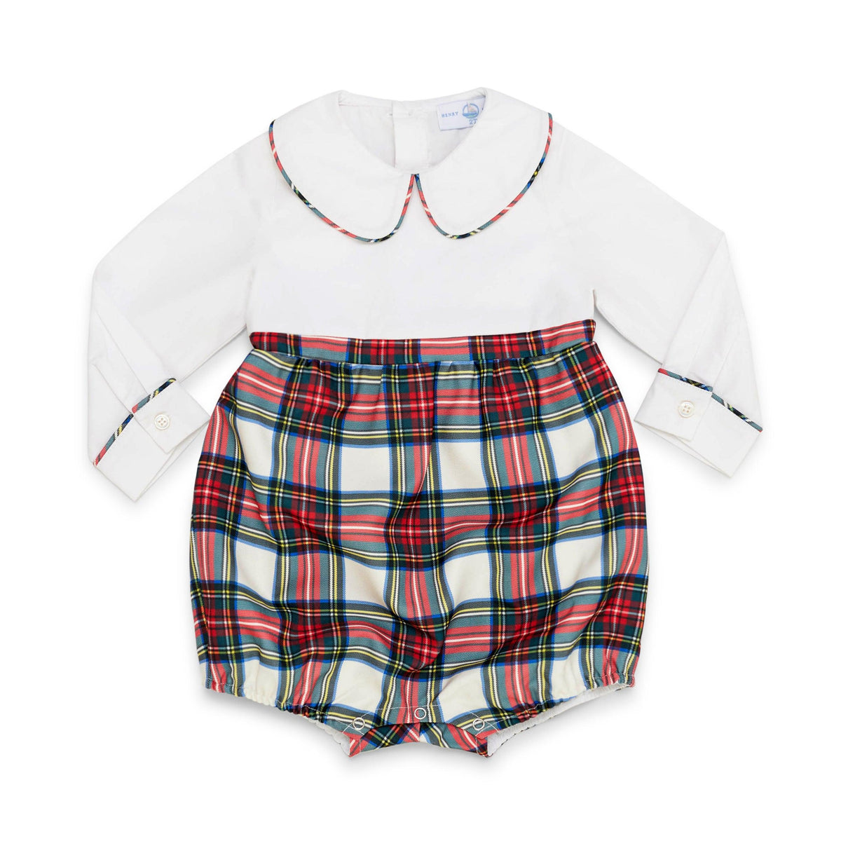 Baby boy Long Sleeve Beau Bubble in Townsend Tartan, featuring a white Peter Pan collar top and classic red, green and ivory holiday plaid bottom.