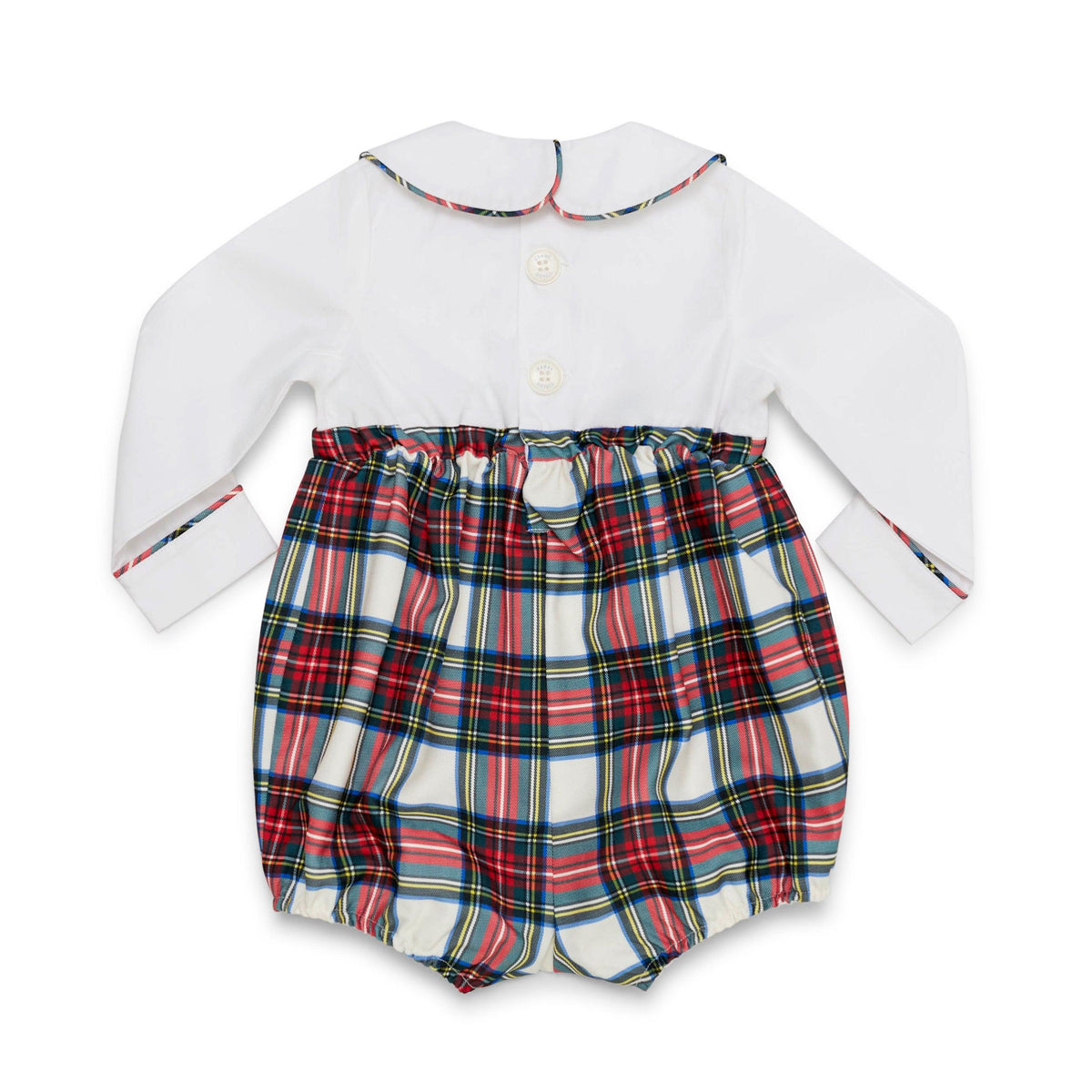 Baby boy Long Sleeve Beau Bubble in Townsend Tartan, featuring a white Peter Pan collar top and classic red, green and ivory holiday plaid bottom.