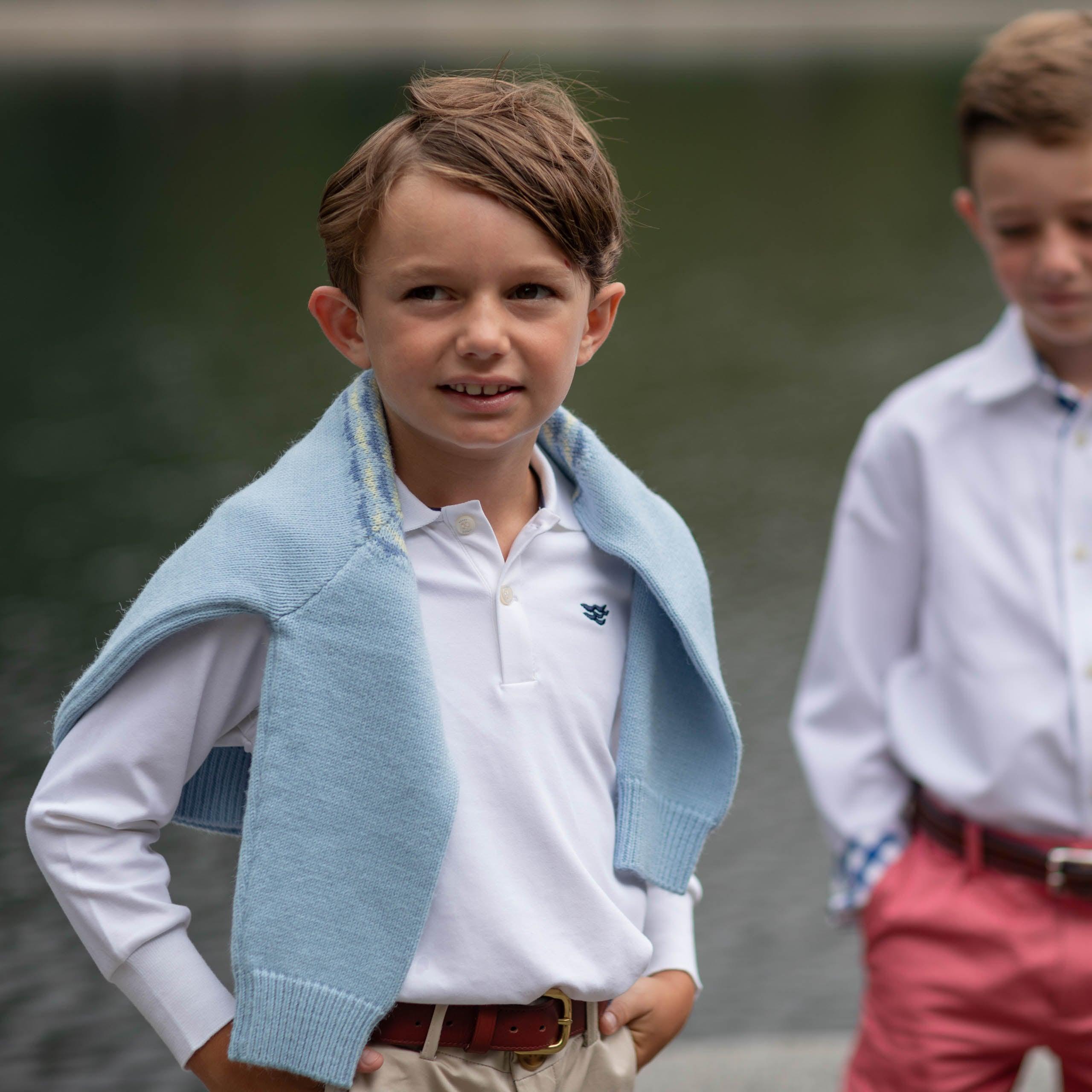 Henry Duvall boys' long sleeve polo shirt in Bay Tree Blue, soft pima cotton collared shirt with tagless design for comfort, classic fall boys' dress shirt alternative